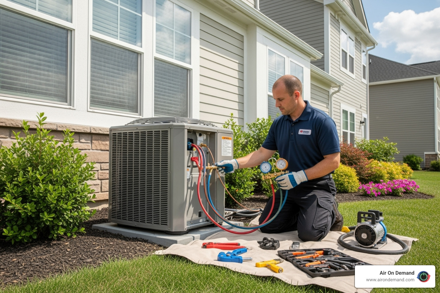 Certified technician carefully working on an AC installation with proper tools - ac installation homestead, fl Certified technician carefully working on an AC installation with proper tools - ac installation homestead, fl