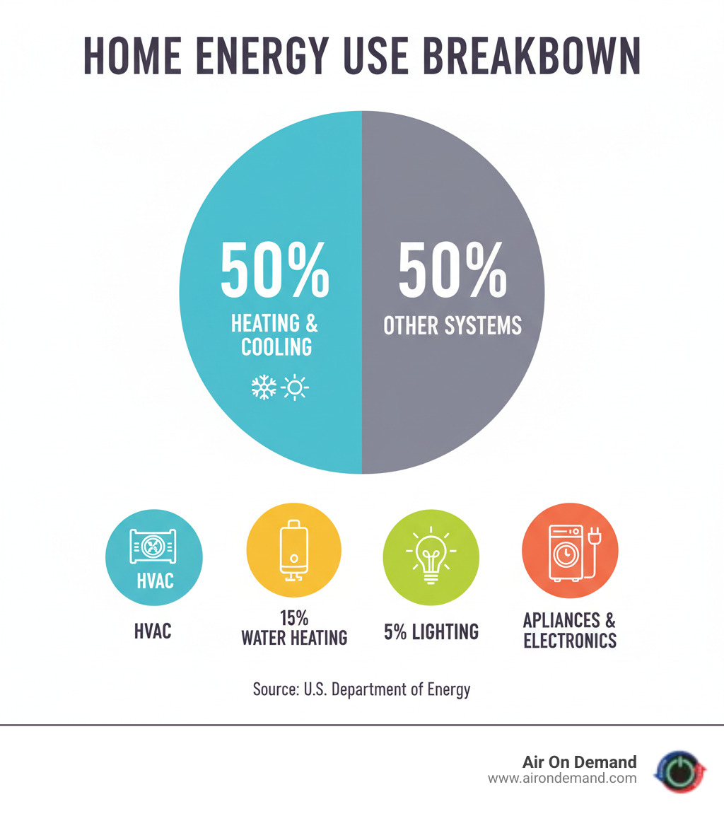 infographic showing heating and cooling accounting for 50% of home energy use, with breakdown of energy consumption by home system including HVAC, water heating, lighting, and appliances - energy efficient hvac upgrade palmetto bay, fl infographic 