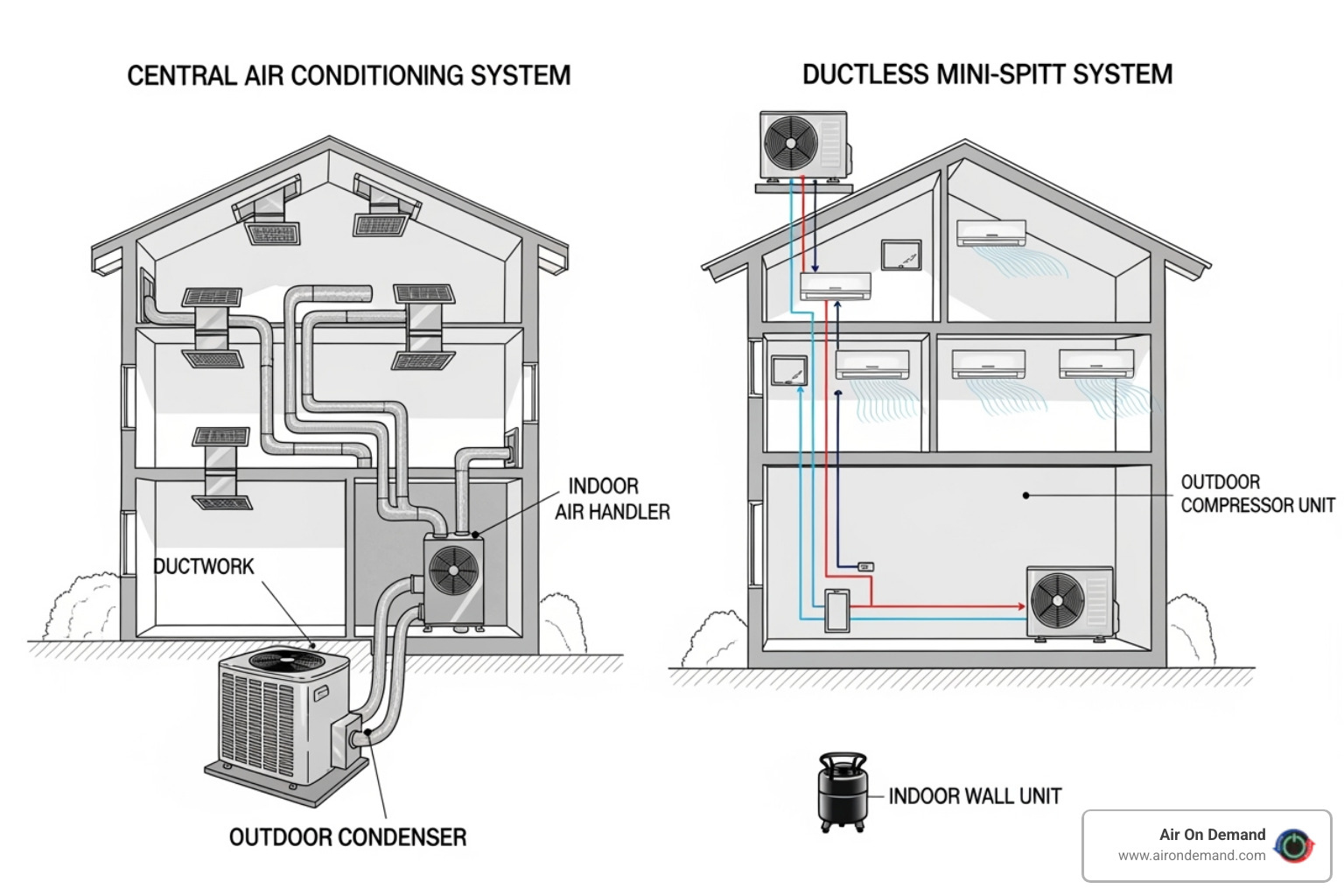Comparison of a ducted vs. ductless system layout - ductless mini split installation coconut grove, fl Comparison of a ducted vs. ductless system layout - ductless mini split installation coconut grove, fl