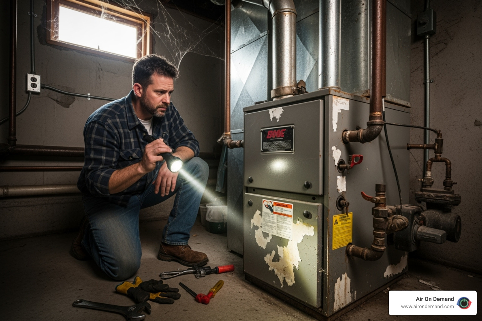 homeowner looking at old, noisy heating unit - heating installation coconut grove, fl