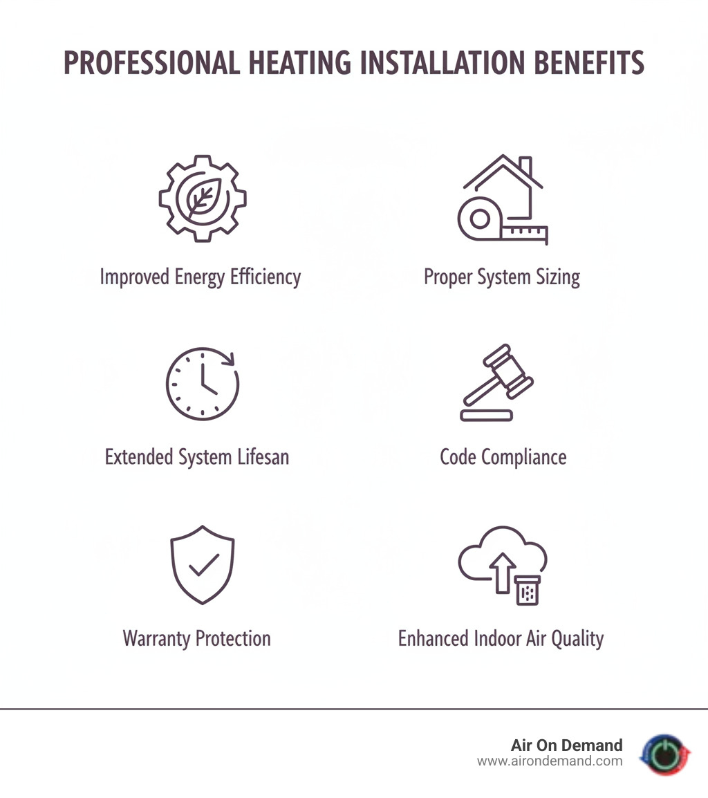 infographic showing benefits of professional heating installation including improved energy efficiency, extended system lifespan, warranty protection, proper system sizing, code compliance, and enhanced indoor air quality with icons for each benefit - heating installation coconut grove, fl infographic 