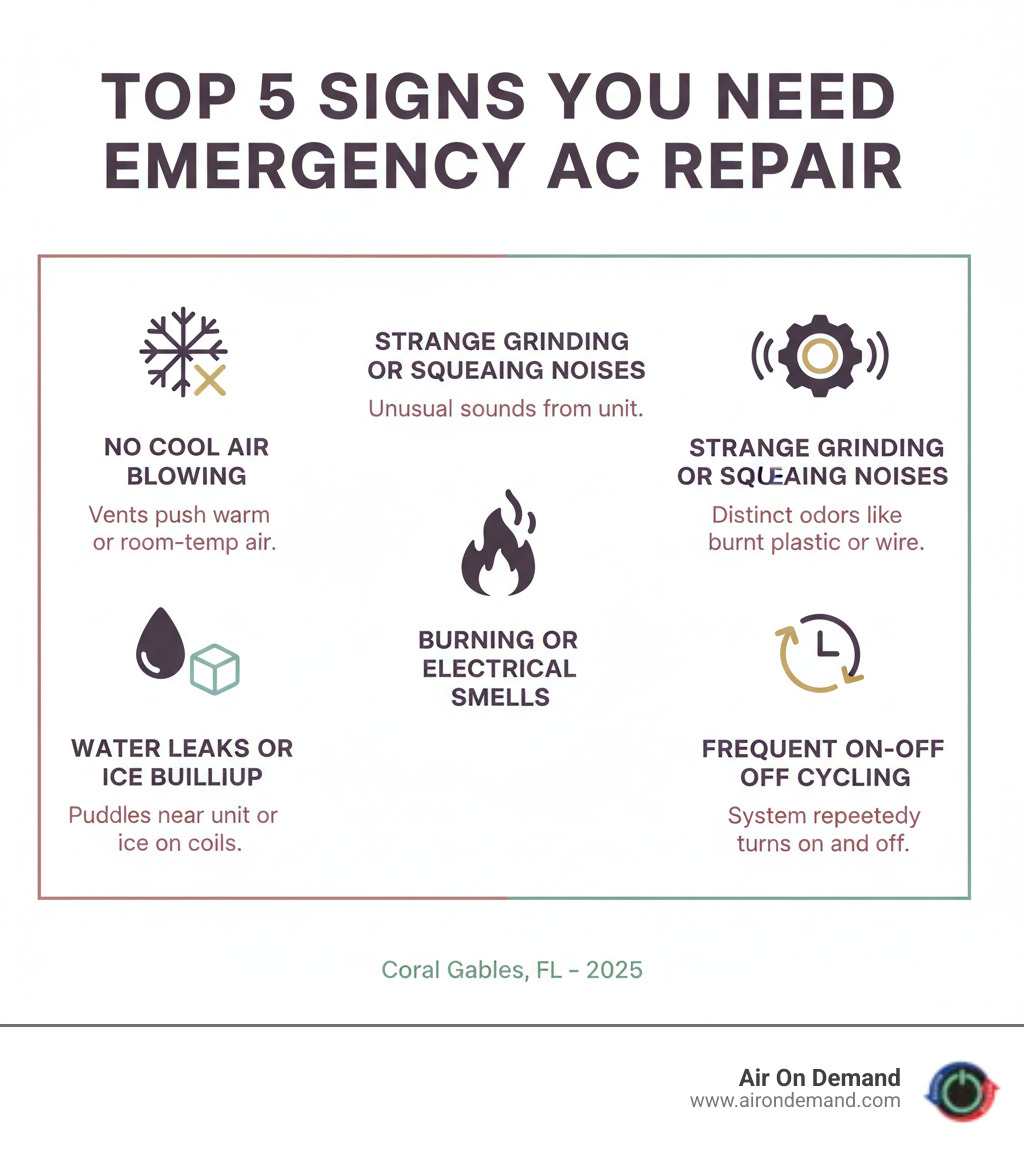 infographic showing the top 5 signs you need emergency AC repair: no cool air blowing, strange grinding or squealing noises, burning or electrical smells, water leaks or ice buildup, and frequent on-off cycling - emergency ac repair coral gables, fl infographic infographic showing the top 5 signs you need emergency AC repair: no cool air blowing, strange grinding or squealing noises, burning or electrical smells, water leaks or ice buildup, and frequent on-off cycling - emergency ac repair coral gables, fl infographic