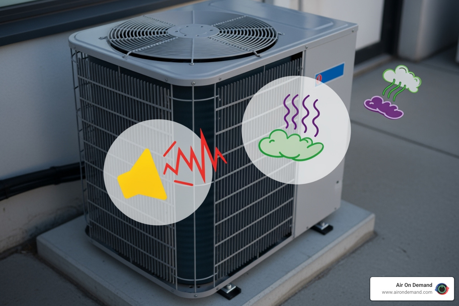 AC unit with icons indicating strange noises and smells - emergency ac repair coral gables, fl AC unit with icons indicating strange noises and smells - emergency ac repair coral gables, fl