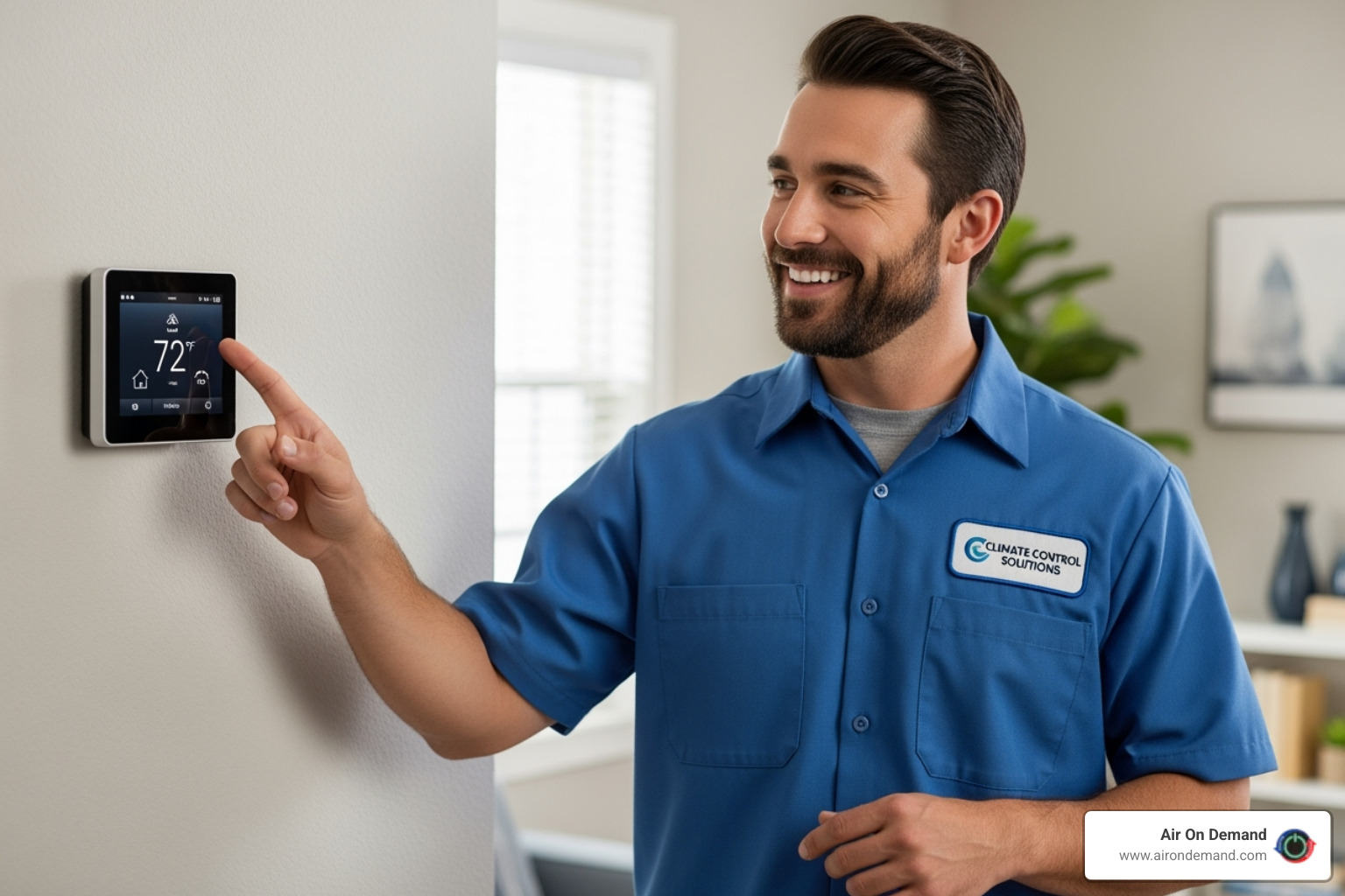 friendly technician pointing to a smart thermostat - heating repair coconut grove, fl friendly technician pointing to a smart thermostat - heating repair coconut grove, fl