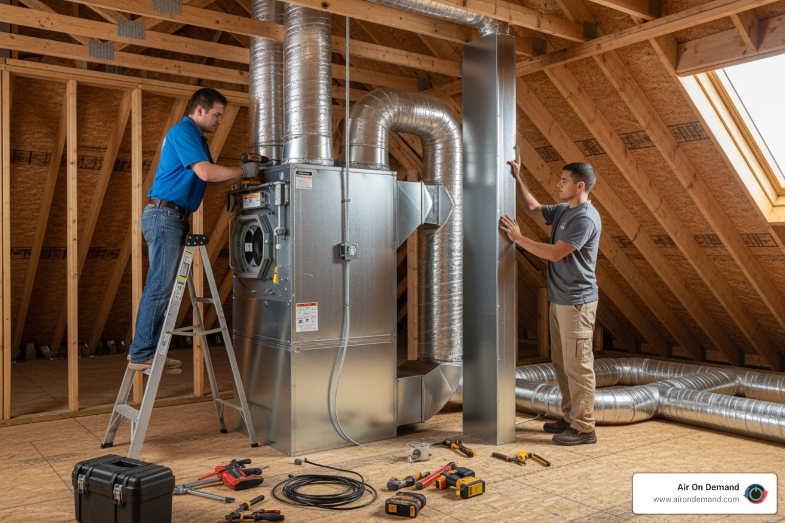 HVAC technicians installing an indoor air handler unit - hvac installation new construction coconut grove, fl HVAC technicians installing an indoor air handler unit - hvac installation new construction coconut grove, fl