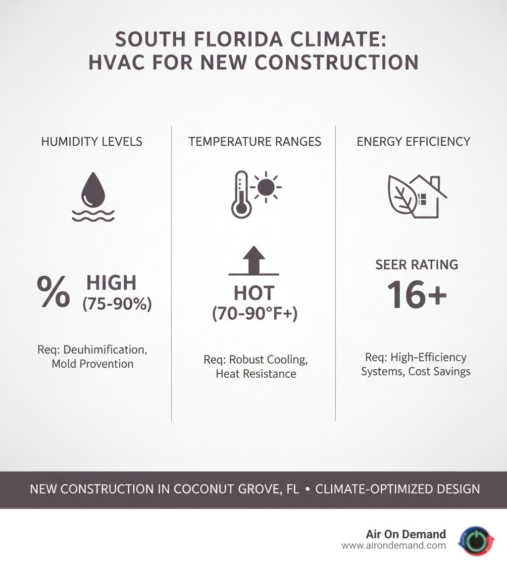 infographic showing the impact of South Florida's climate on HVAC system selection, including humidity levels, temperature ranges, and energy efficiency requirements for new construction - hvac installation new construction coconut grove, fl infographic infographic showing the impact of South Florida's climate on HVAC system selection, including humidity levels, temperature ranges, and energy efficiency requirements for new construction - hvac installation new construction coconut grove, fl infographic