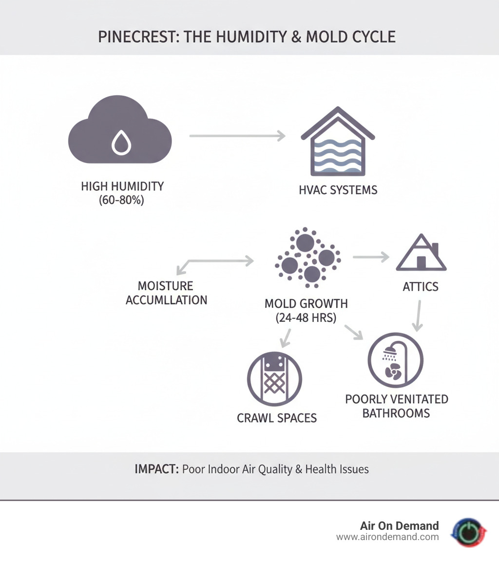 Infographic showing how Pinecrest's high humidity levels (typically 60-80%) lead to moisture accumulation in homes, creating ideal conditions for mold growth within 24-48 hours of water intrusion, with common problem areas including HVAC systems, attics, crawl spaces, and poorly ventilated bathrooms - indoor air quality testing pinecrest, fl infographic Infographic showing how Pinecrest's high humidity levels (typically 60-80%) lead to moisture accumulation in homes, creating ideal conditions for mold growth within 24-48 hours of water intrusion, with common problem areas including HVAC systems, attics, crawl spaces, and poorly ventilated bathrooms - indoor air quality testing pinecrest, fl infographic