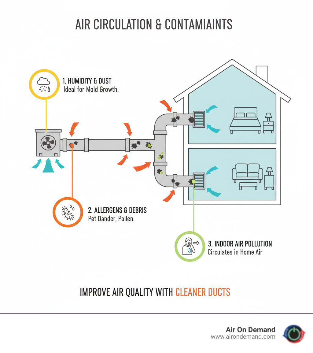infographic showing air circulation path from HVAC unit through ductwork into home rooms with arrows indicating airflow direction and common contaminant buildup points - duct cleaning coconut grove, fl infographic infographic showing air circulation path from HVAC unit through ductwork into home rooms with arrows indicating airflow direction and common contaminant buildup points - duct cleaning coconut grove, fl infographic