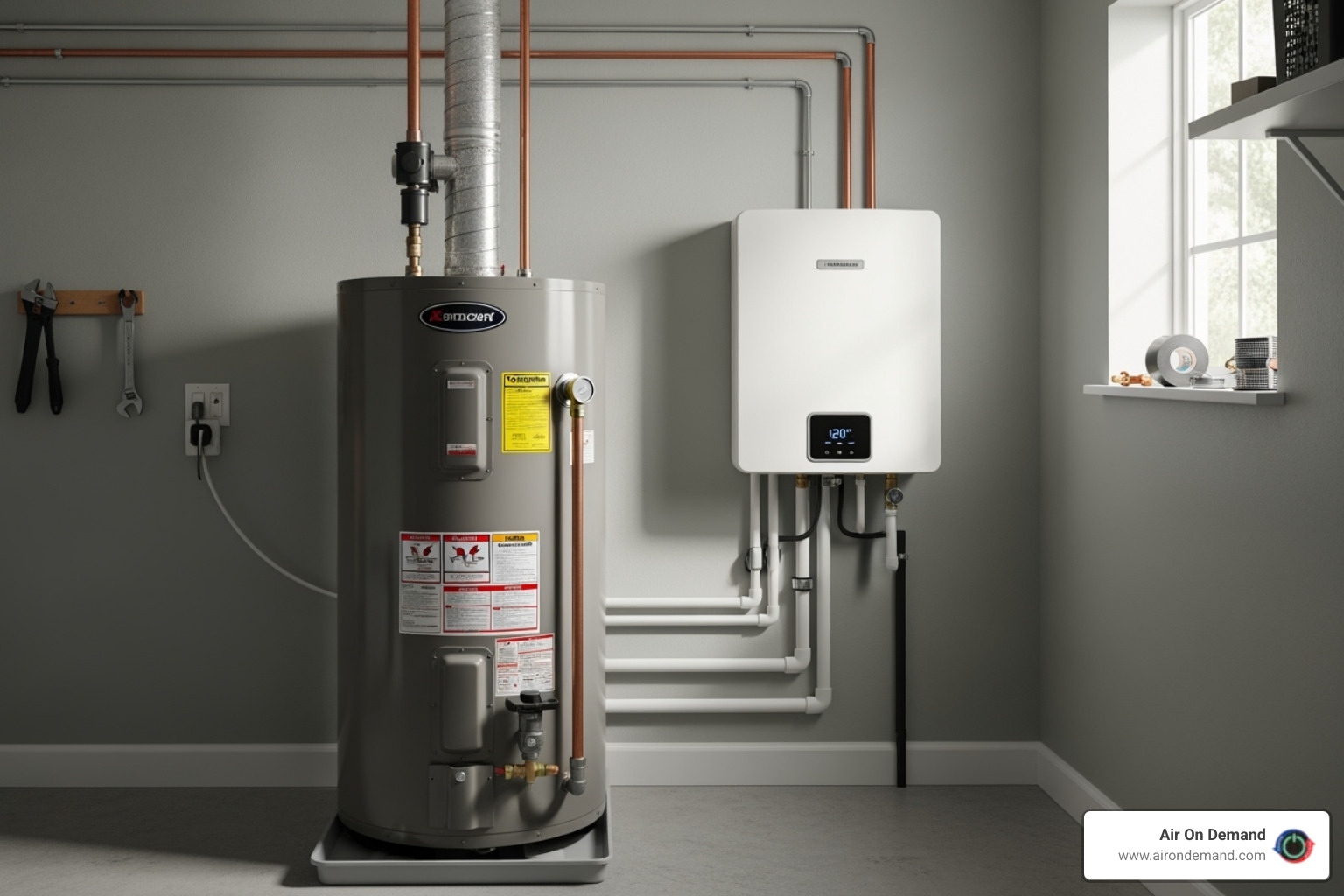 A traditional tank water heater and a compact tankless water heater standing side-by-side - water heater installation Miami A traditional tank water heater and a compact tankless water heater standing side-by-side - water heater installation Miami