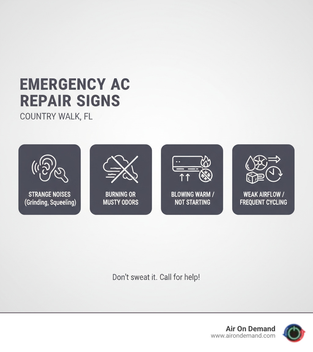 Infographic showing the top 5 signs your AC needs emergency repair: 1. Strange noises like grinding or squealing, 2. Burning or musty odors, 3. AC blowing warm air or not turning on, 4. Water leaks or frozen coils, 5. Weak airflow or frequent cycling - emergency ac repair country walk, fl infographic  Infographic showing the top 5 signs your AC needs emergency repair: 1. Strange noises like grinding or squealing, 2. Burning or musty odors, 3. AC blowing warm air or not turning on, 4. Water leaks or frozen coils, 5. Weak airflow or frequent cycling - emergency ac repair country walk, fl infographic
