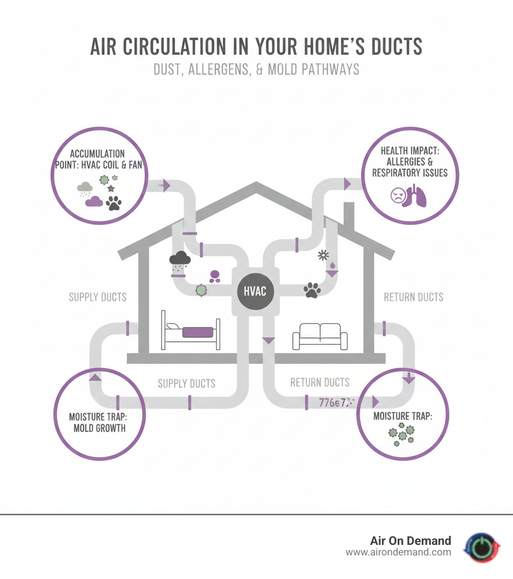 infographic showing how dust, allergens, pet dander, and mold circulate through a home's ductwork system from the HVAC unit through supply ducts to rooms and back through return ducts, with callouts highlighting accumulation points and health impact areas - duct cleaning country walk, fl infographic 