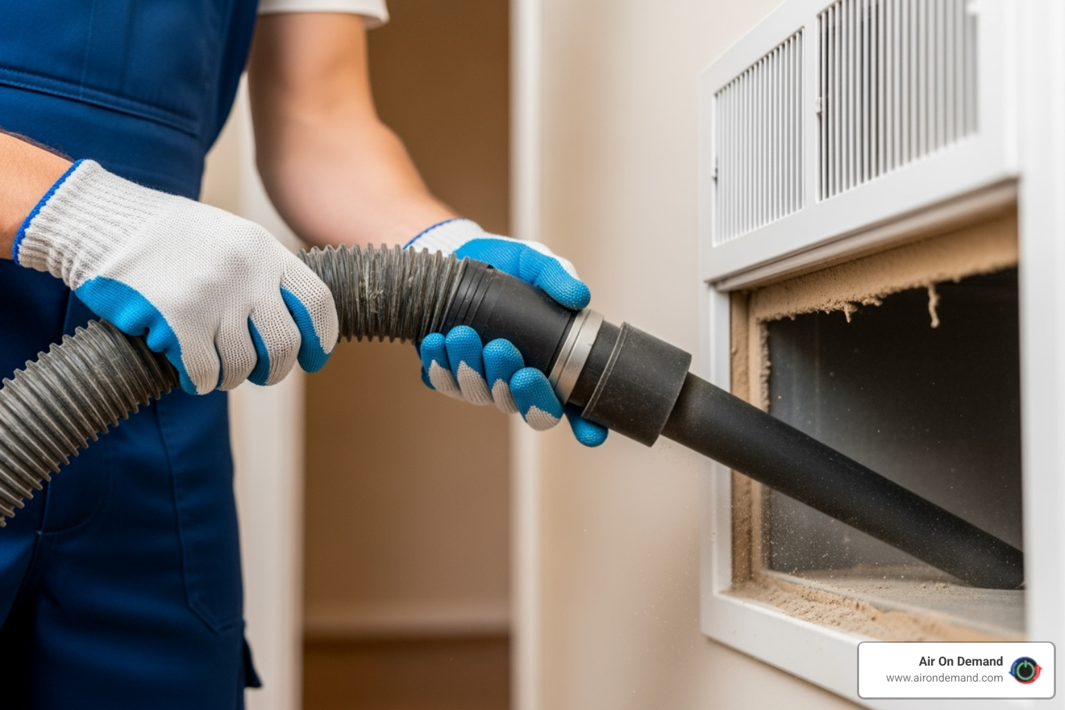 technician using a high-powered vacuum hose on a duct opening - duct cleaning country walk, fl