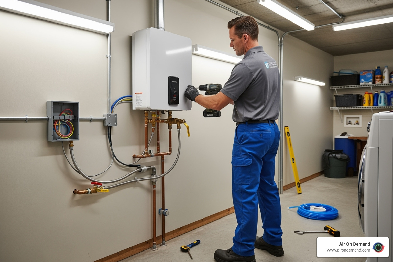 a technician installing a tankless water heater - miami tankless water heater a technician installing a tankless water heater - miami tankless water heater