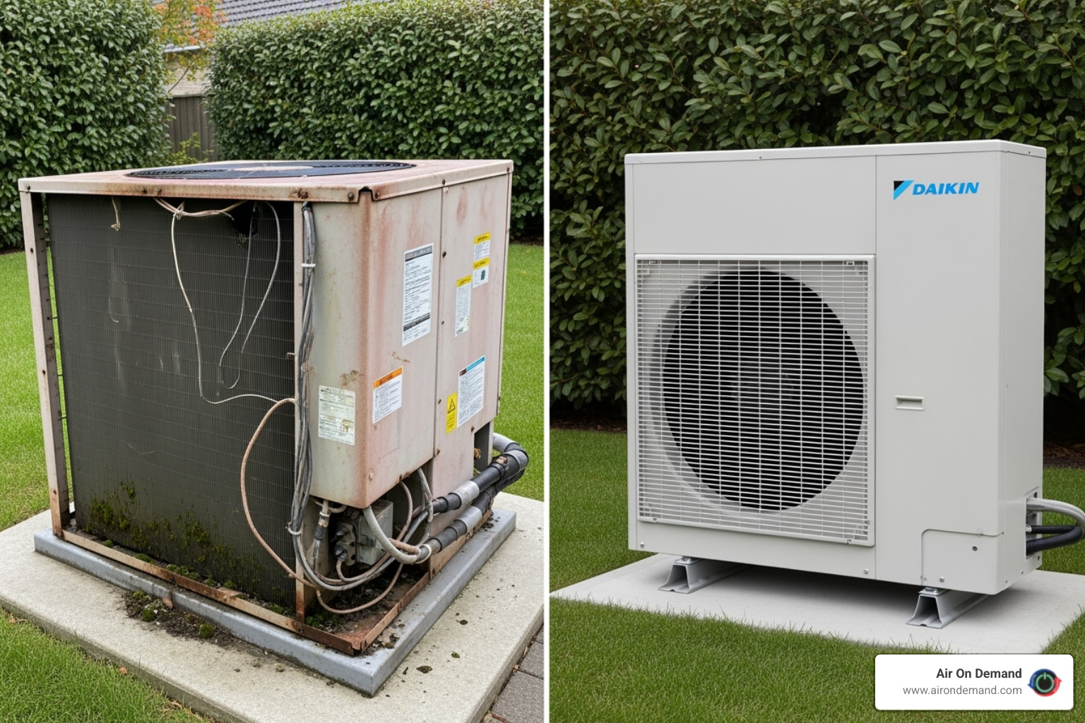 old rusty outdoor unit vs modern sleek Daikin heat pump - heating repair homestead, fl old rusty outdoor unit vs modern sleek Daikin heat pump - heating repair homestead, fl