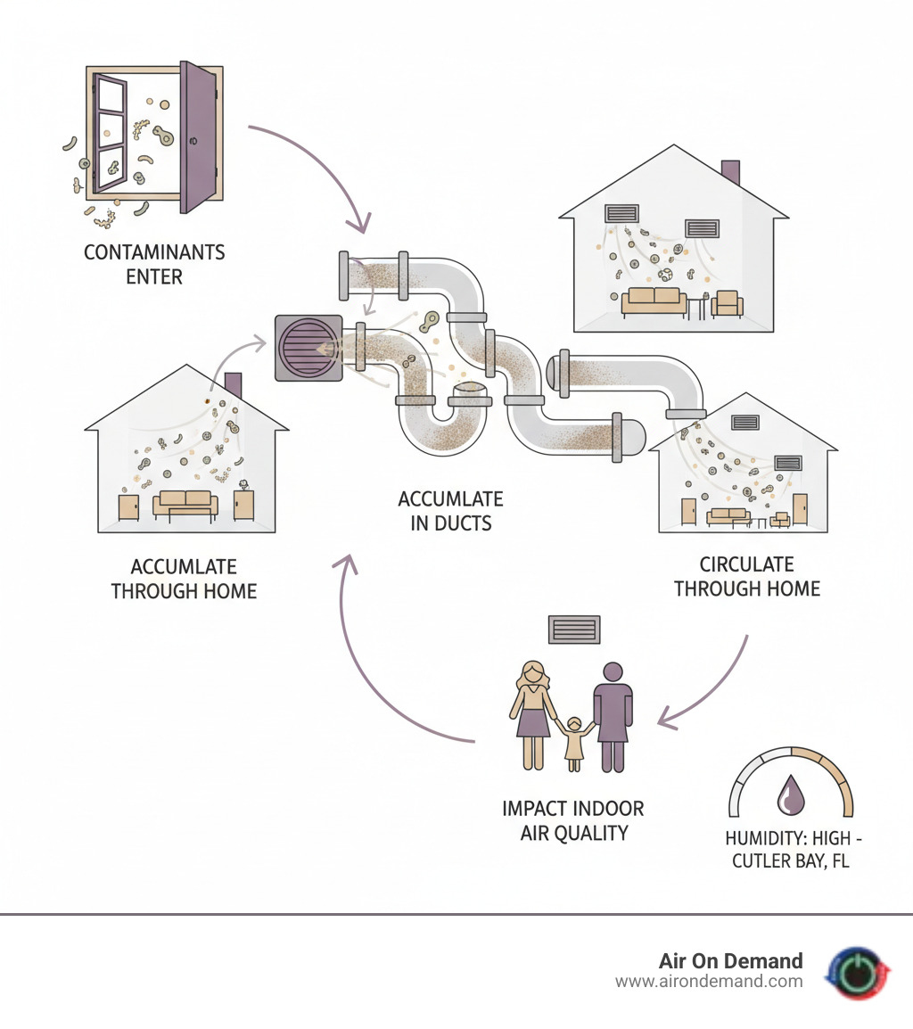 Infographic showing the journey of outdoor dust, pollen, and allergens entering through windows and doors, getting pulled into HVAC return vents, accumulating in ductwork (shown with visible buildup), and then being distributed through supply vents into living spaces where family members breathe. Arrows show the circular path, with labels for "Contaminants Enter," "Accumulate in Ducts," "Circulate Through Home," and "Impact Indoor Air Quality." Includes humidity indicator specific to Cutler Bay's climate. - duct cleaning cutler bay, fl infographic Infographic showing the journey of outdoor dust, pollen, and allergens entering through windows and doors, getting pulled into HVAC return vents, accumulating in ductwork (shown with visible buildup), and then being distributed through supply vents into living spaces where family members breathe. Arrows show the circular path, with labels for "Contaminants Enter," "Accumulate in Ducts," "Circulate Through Home," and "Impact Indoor Air Quality." Includes humidity indicator specific to Cutler Bay's climate. - duct cleaning cutler bay, fl infographic