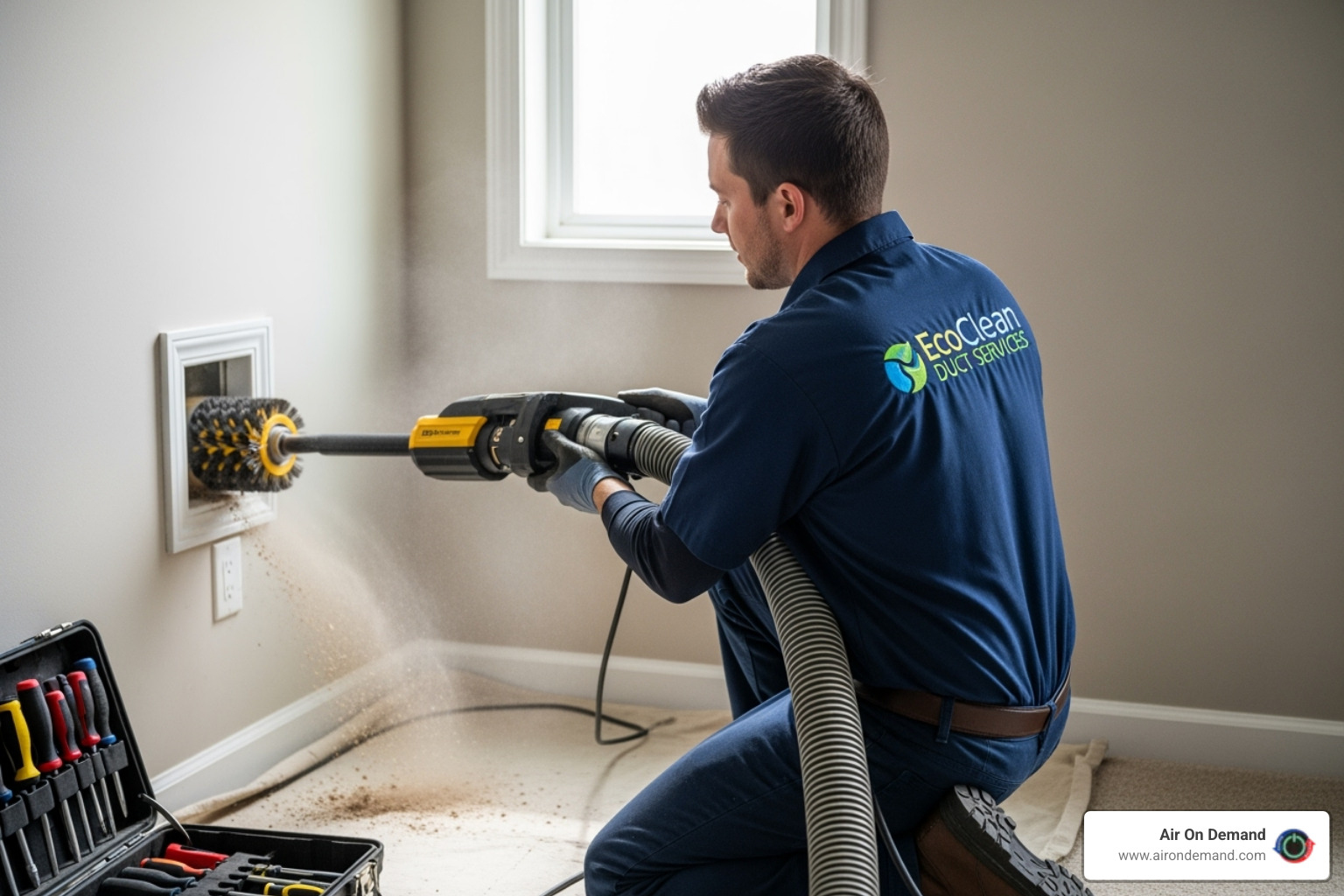 A NATE-certified technician using specialized duct cleaning equipment, possibly a rotary brush system or a powerful vacuum, in a residential setting. - duct cleaning cutler bay, fl A NATE-certified technician using specialized duct cleaning equipment, possibly a rotary brush system or a powerful vacuum, in a residential setting. - duct cleaning cutler bay, fl