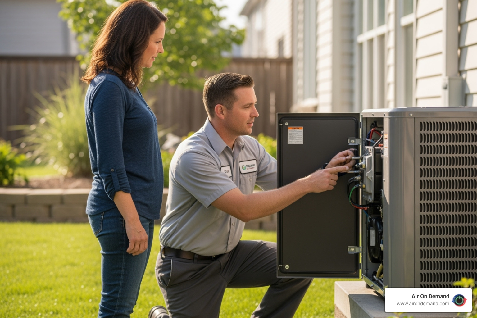 Professional technician explaining an AC part to a homeowner - fort lauderdale ac companies Professional technician explaining an AC part to a homeowner - fort lauderdale ac companies