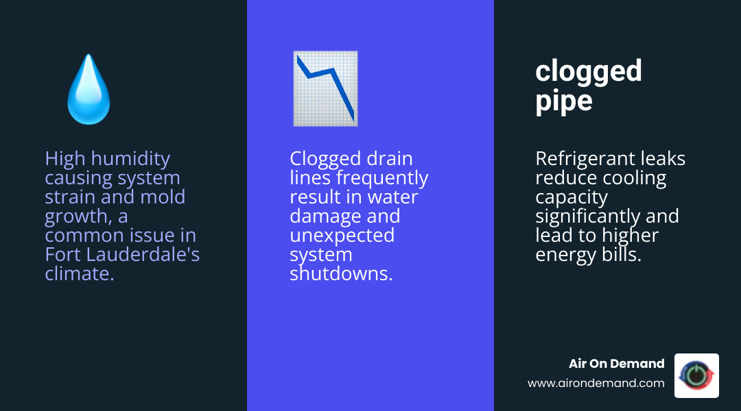 Infographic showing the top 3 AC problems Fort Lauderdale homeowners face: high humidity causing system strain and mold growth, refrigerant leaks reducing cooling capacity and increasing energy bills, and clogged drain lines leading to water damage and system shutdowns - fort lauderdale ac companies infographic 3_facts_emoji_blue Infographic showing the top 3 AC problems Fort Lauderdale homeowners face: high humidity causing system strain and mold growth, refrigerant leaks reducing cooling capacity and increasing energy bills, and clogged drain lines leading to water damage and system shutdowns - fort lauderdale ac companies infographic 3_facts_emoji_blue