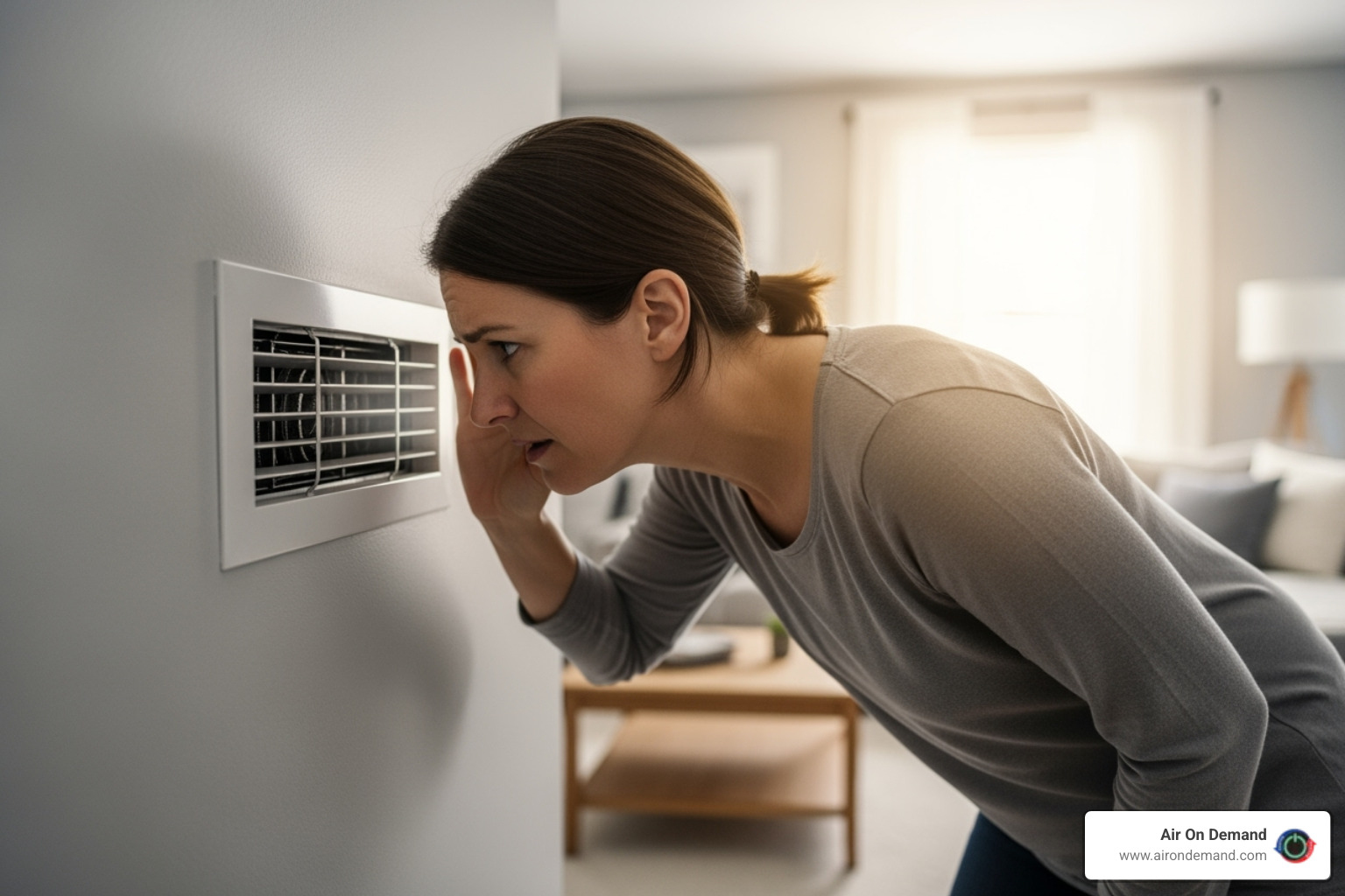 homeowner listening to a noisy air vent - heating repair kendale lakes, fl
