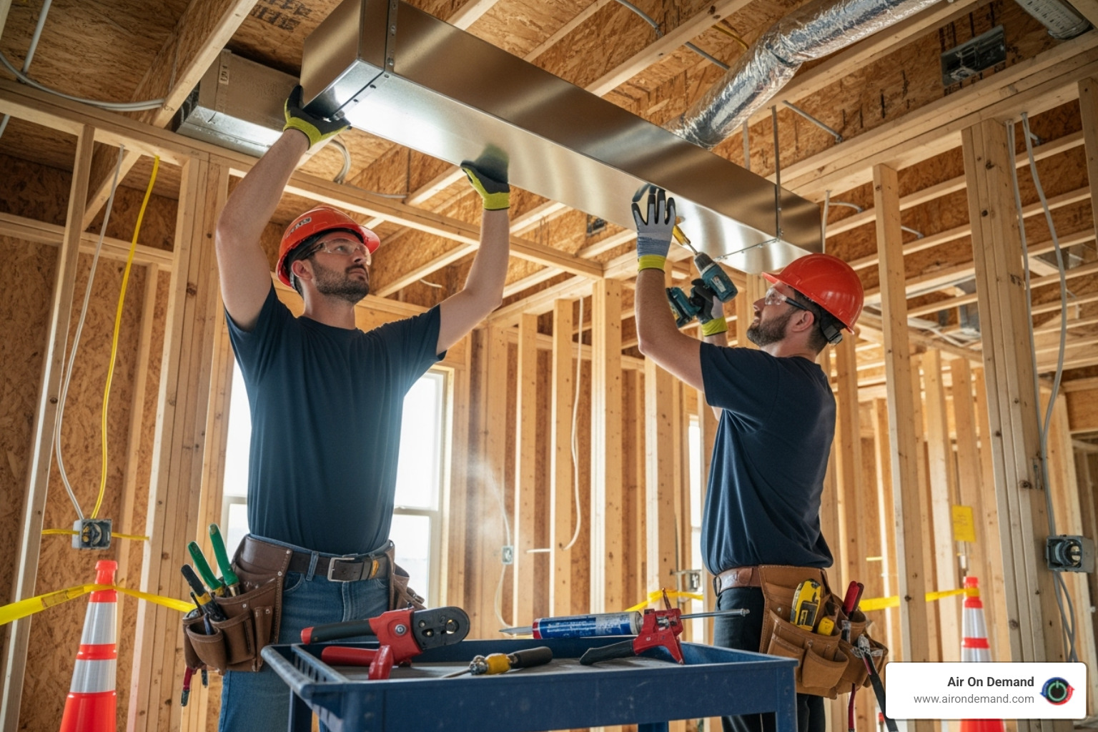 HVAC technicians installing ductwork in a new construction home - hvac installation new construction kendale lakes, fl