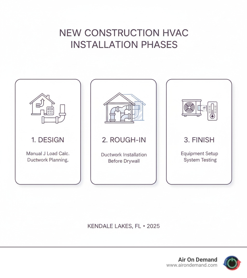 Infographic showing three main phases of new construction HVAC installation: Design phase with Manual J load calculation and ductwork planning, Rough-In phase with duct installation before drywall, and Finish phase with equipment installation and system testing - hvac installation new construction kendale lakes, fl infographic 