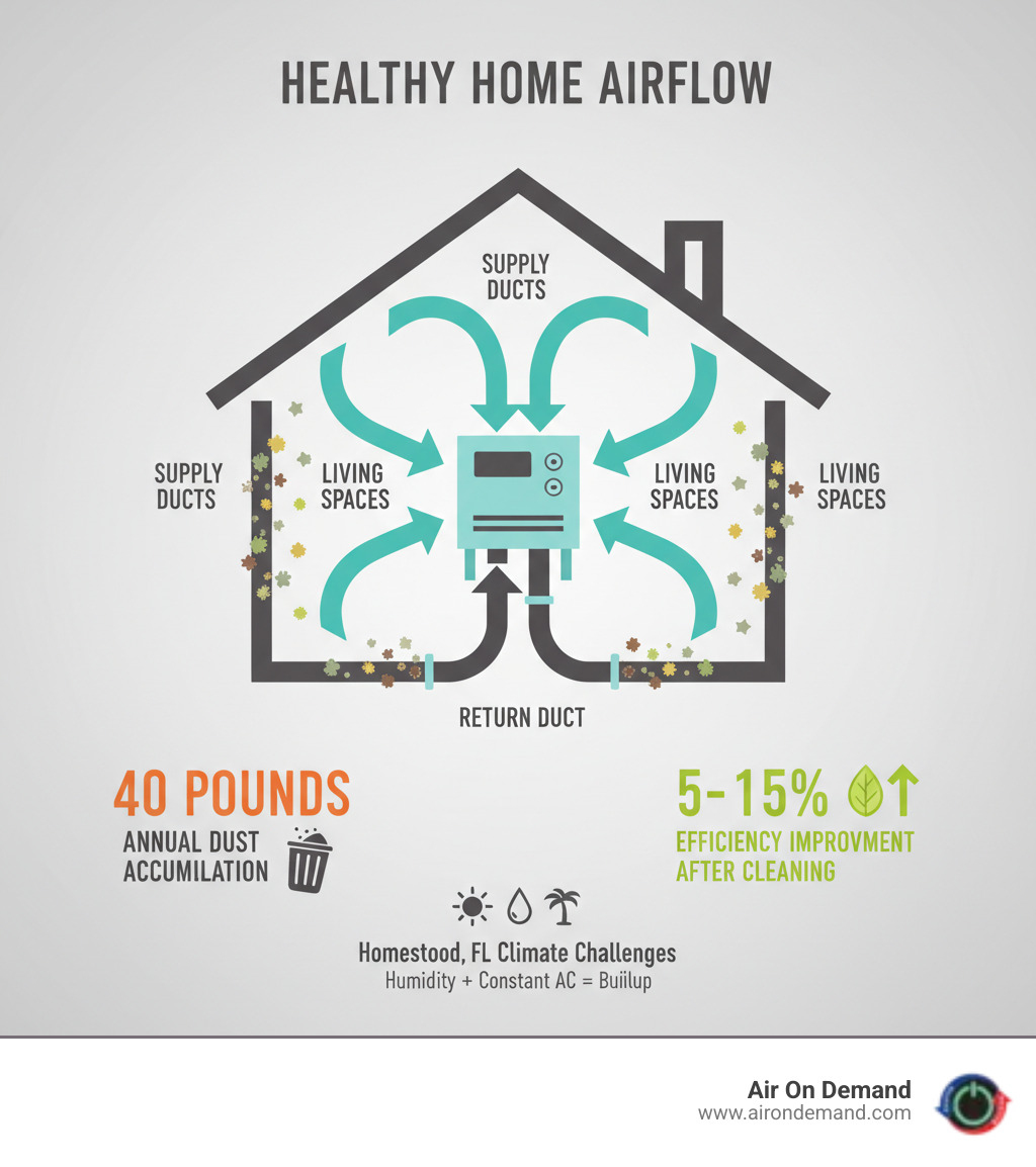 Infographic showing how dust, allergens, pollen, pet dander, and mold spores accumulate in ductwork over time and circulate through a home's HVAC system with arrows indicating airflow from supply ducts through living spaces and back through return ducts, with statistics showing 40 pounds of annual dust accumulation and 5-15% efficiency improvement after cleaning - duct cleaning homestead, fl infographic 