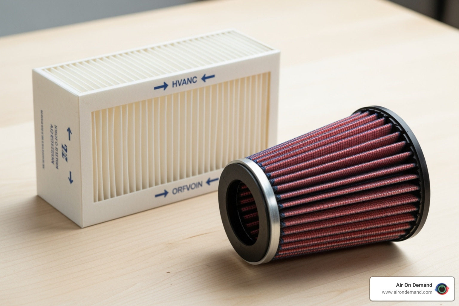 side-by-side comparison showing a rectangular HVAC filter and a smaller, uniquely shaped car engine air filter - Air filter replacement side-by-side comparison showing a rectangular HVAC filter and a smaller, uniquely shaped car engine air filter - Air filter replacement
