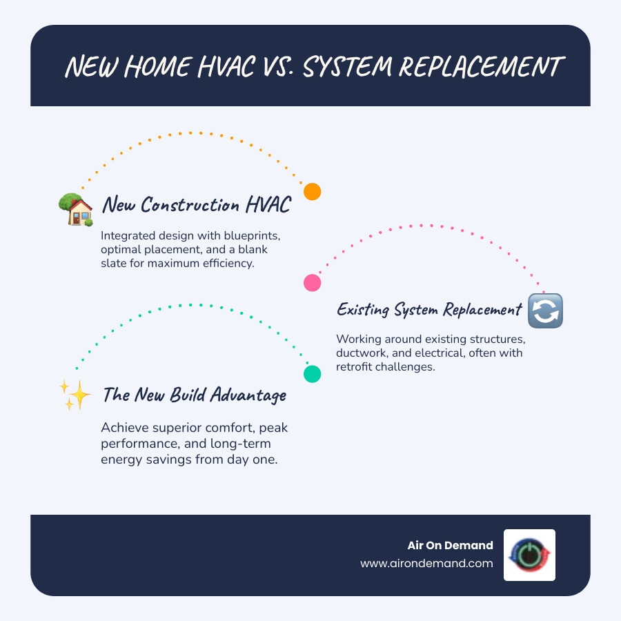 Infographic comparing HVAC installation for new construction (integrated design, energy efficiency focus, blank slate) versus replacing an existing system (working with existing structures, retrofit challenges, adapting to current ducts) - hvac installation new construction homestead, fl infographic infographic-line-3-steps-blues-accent_colors