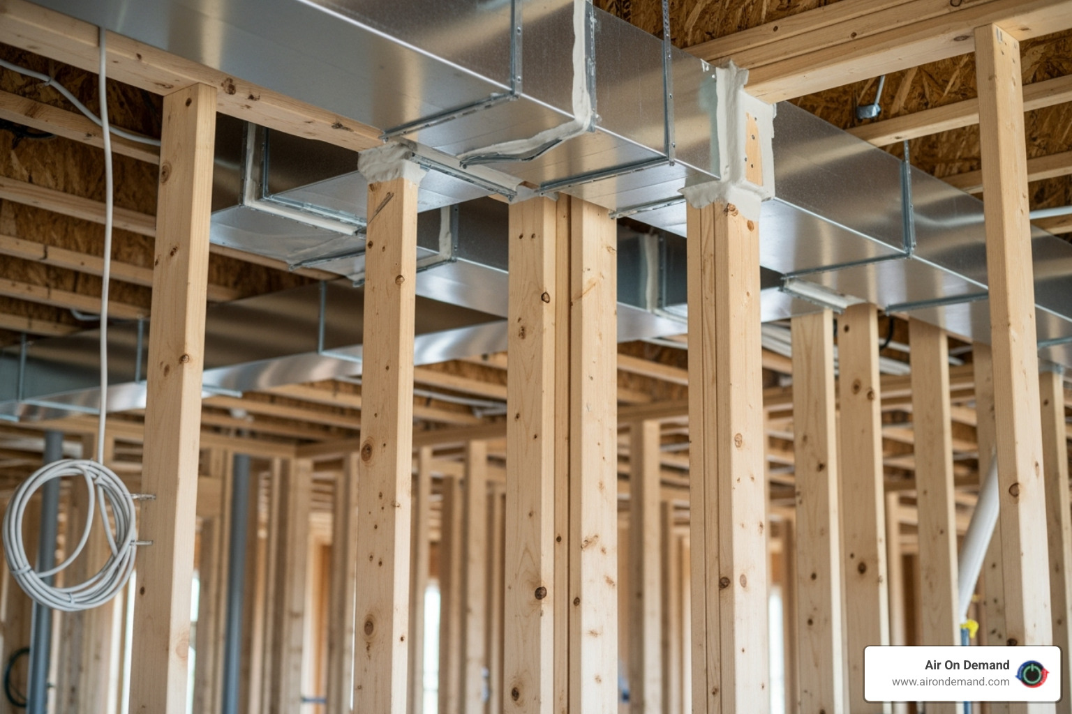 clean, properly sealed ductwork being installed in the open framework of a new house - hvac installation new construction homestead, fl