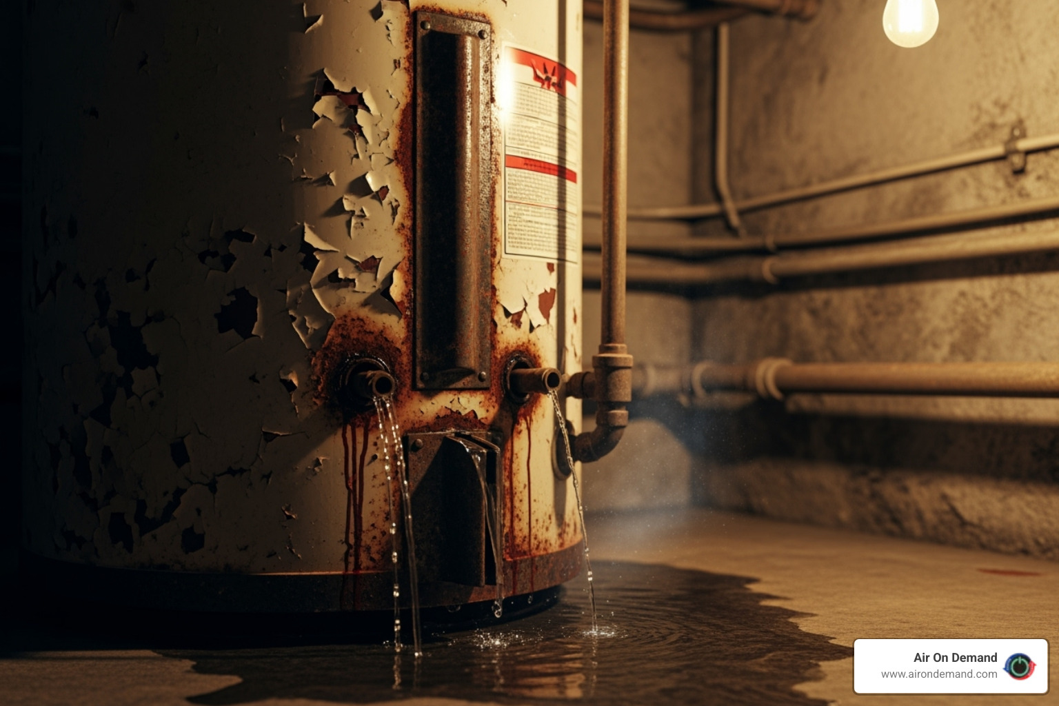 of a rusty and leaking water heater tank - water heater installation near