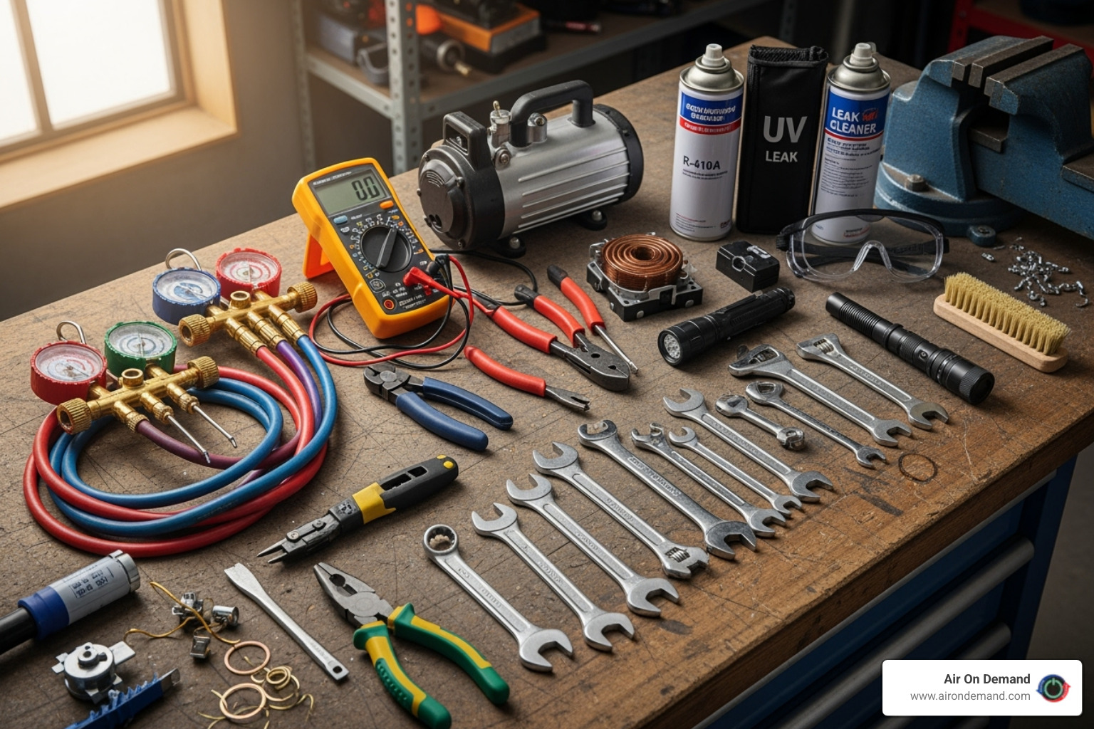 toolkit laid out for an AC repair job - AC fan motor repair