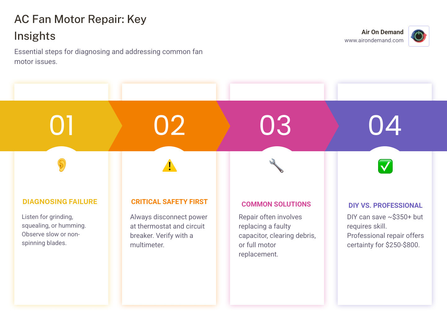 Detailed infographic showing AC fan motor location in outdoor condenser unit, airflow direction, electrical connections to capacitor and contactor, and step-by-step troubleshooting process from initial diagnosis through motor replacement - AC fan motor repair infographic pillar-4-steps