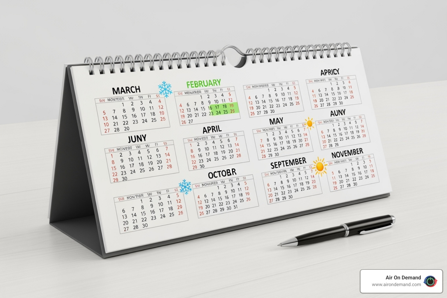 A calendar with spring and fall seasons highlighted for AC service - Air conditioner service