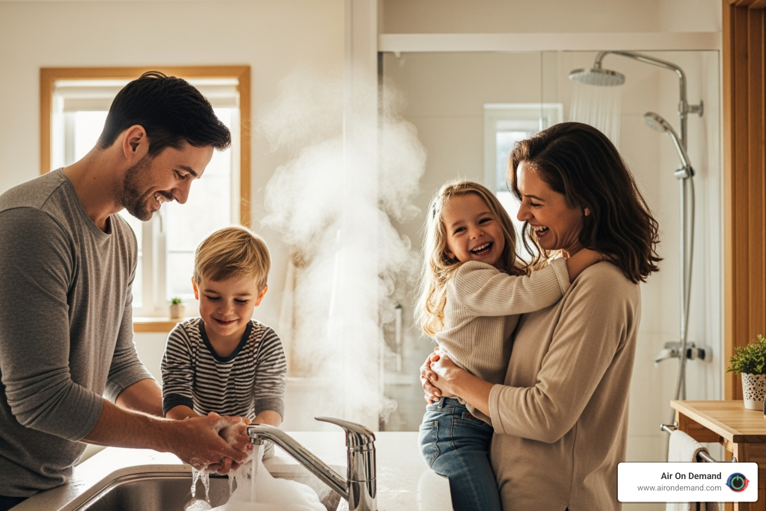 family happily using hot water - hot water heater repair miami