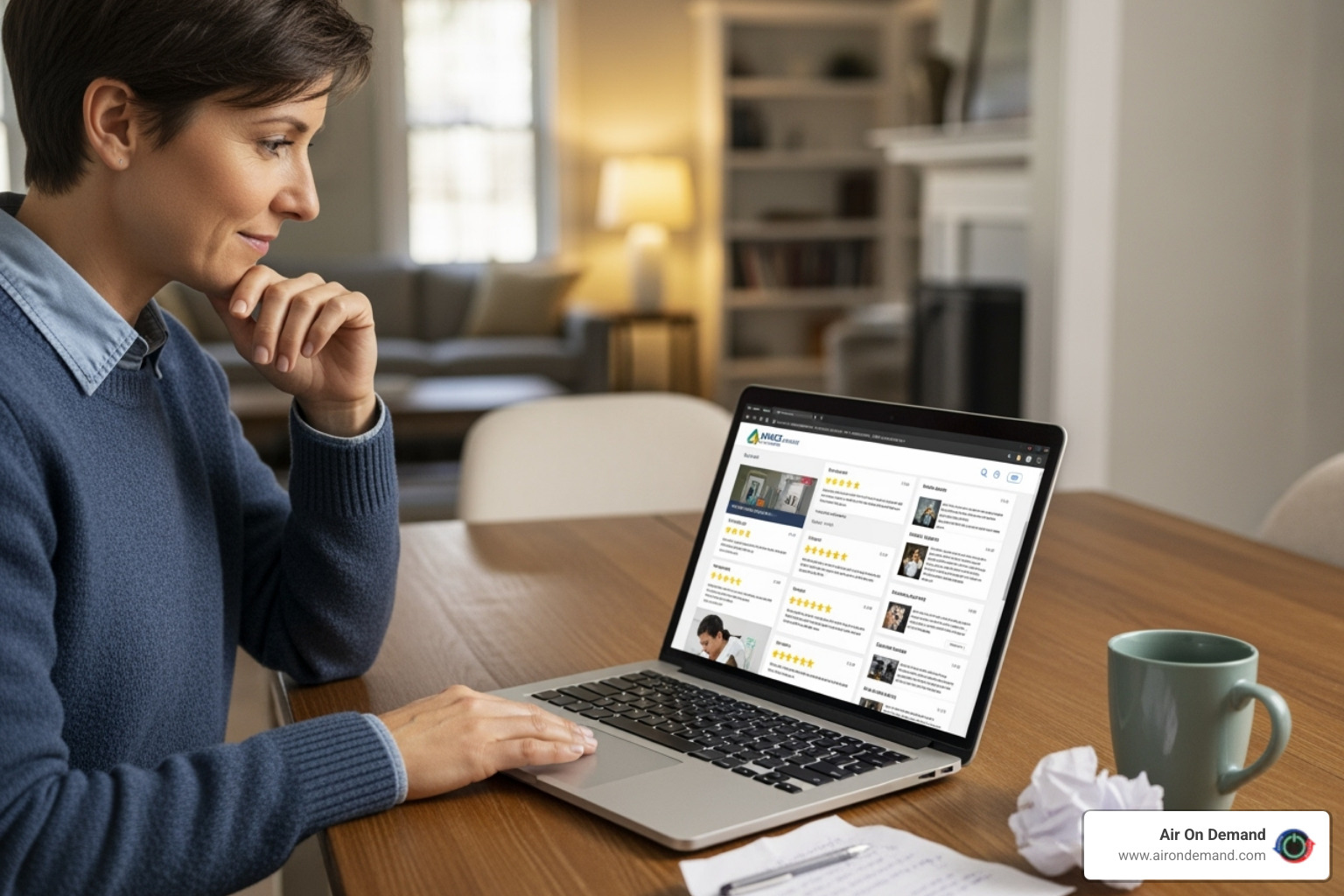 A person reading positive online reviews for an HVAC company on a laptop. - ac repair miami