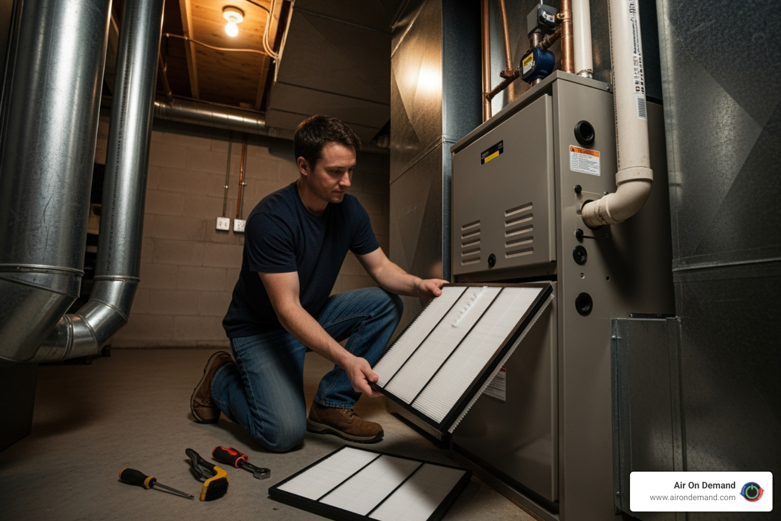 Homeowner changing an air filter - Preventative maintenance HVAC