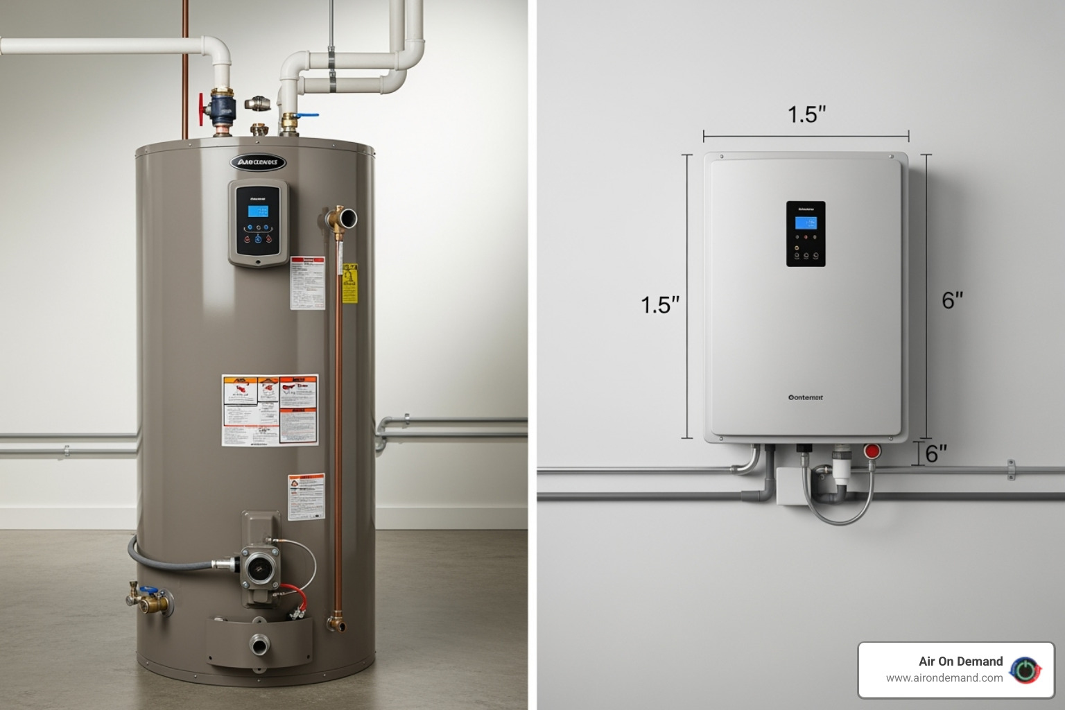 image comparing the size and setup of a traditional tank water heater and a wall-mounted tankless unit - commercial hot water heater repair in miami