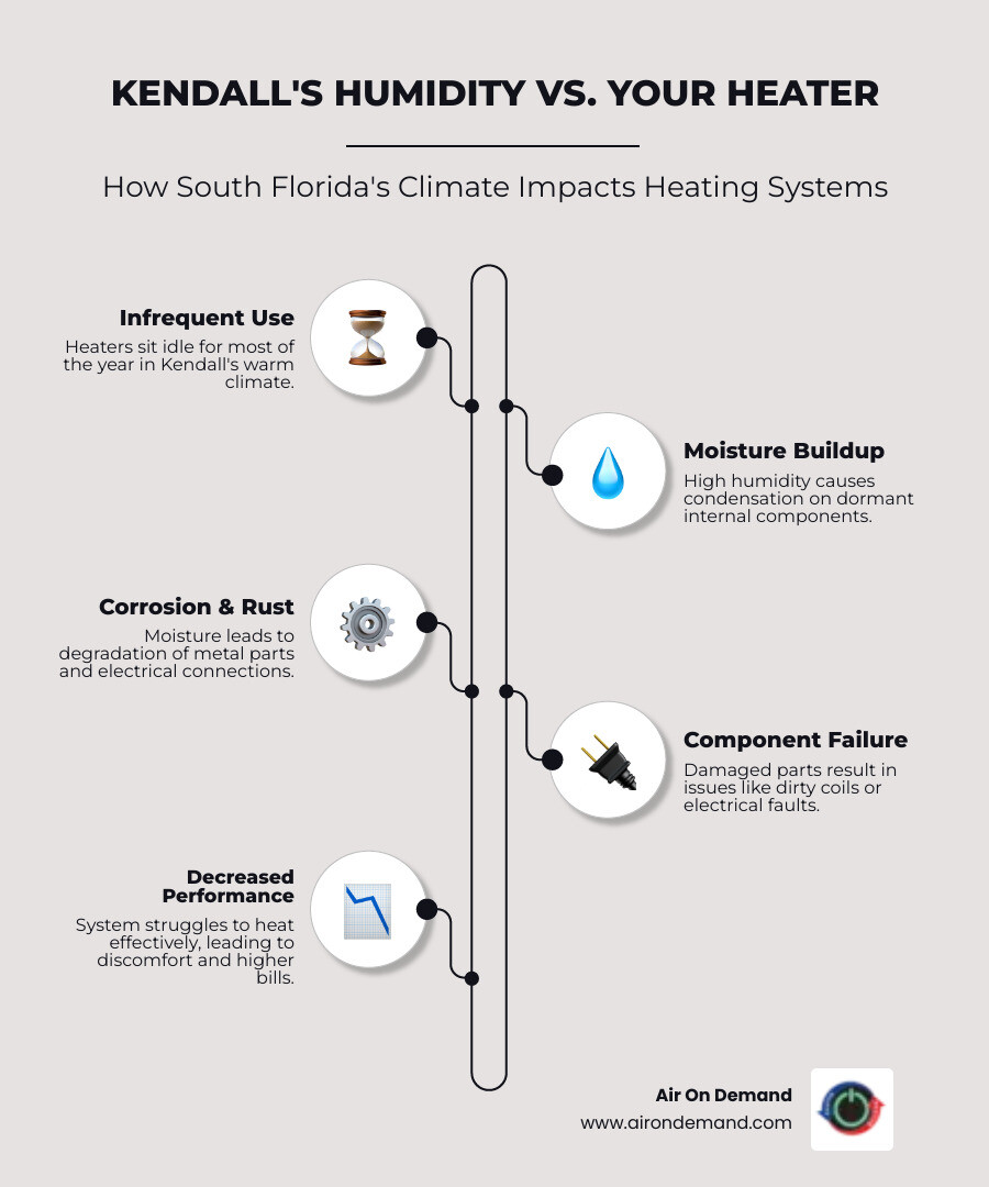 infographic showing how Florida's high humidity causes moisture buildup in heating system components leading to rust on metal parts, corrosion of electrical connections, reduced airflow from dirty coils, and decreased heating performance, with sections comparing active heating season versus idle humid months - heating repair kendall, fl infographic infographic-line-5-steps-elegant_beige