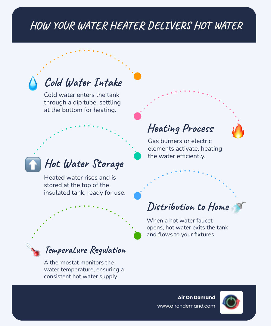 infographic showing the step-by-step process of how a residential water heater heats and delivers hot water throughout a Miami home, including the cold water intake, heating mechanism, hot water storage, and distribution to faucets and appliances - "I have no hot water in my house. Who provides reliable water heater service in Miami?" infographic infographic-line-5-steps-blues-accent_colors infographic showing the step-by-step process of how a residential water heater heats and delivers hot water throughout a Miami home, including the cold water intake, heating mechanism, hot water storage, and distribution to faucets and appliances - "I have no hot water in my house. Who provides reliable water heater service in Miami?" infographic infographic-line-5-steps-blues-accent_colors