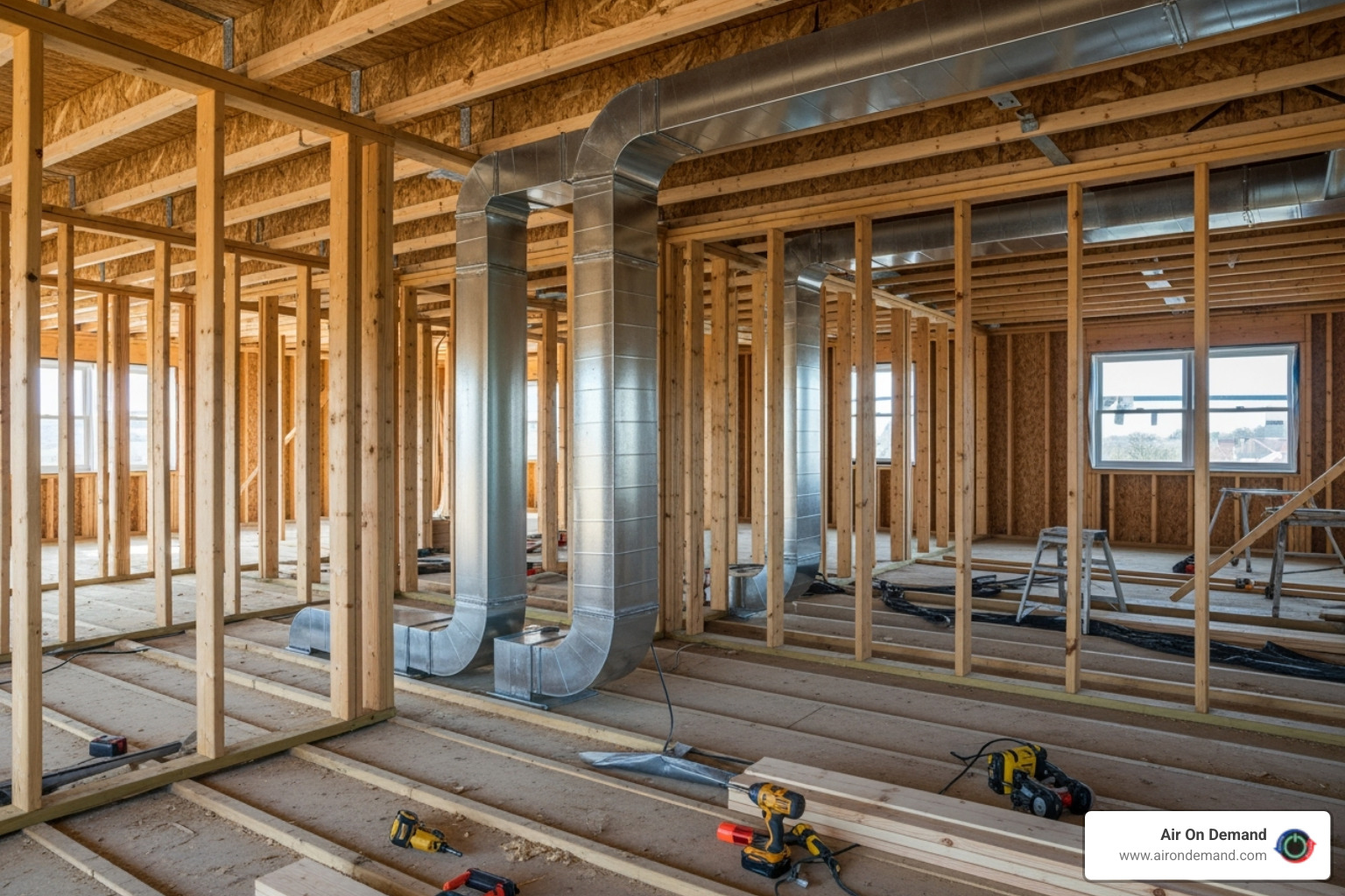 newly installed ductwork in the frame of a house before drywall - hvac installation new construction kendall, fl newly installed ductwork in the frame of a house before drywall - hvac installation new construction kendall, fl
