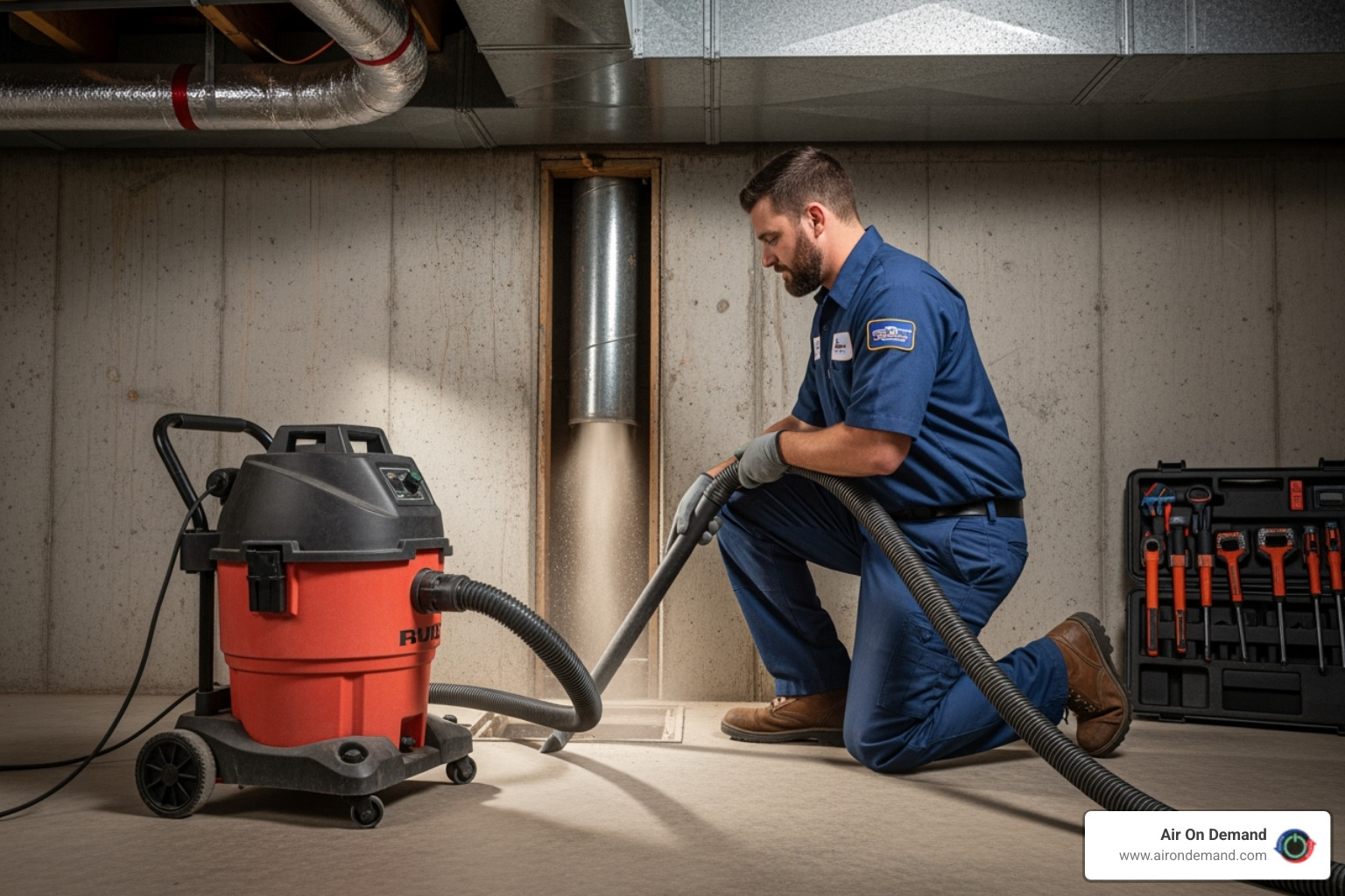 A technician using a high-powered vacuum on a duct system - duct cleaning kendale lakes, fl A technician using a high-powered vacuum on a duct system - duct cleaning kendale lakes, fl