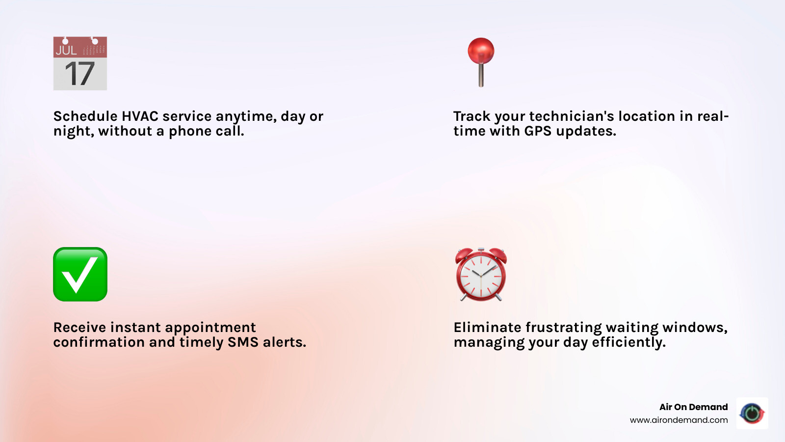 infographic showing the benefits of online HVAC booking including 24/7 scheduling, real-time technician tracking with GPS, instant appointment confirmation, SMS alerts for technician arrival, transparent service timelines, and no more waiting around all day - "Find me the best HVAC contractors in Miami that allow for convenient online booking and provide real-time service updates." infographic 4_facts_emoji_light-gradient