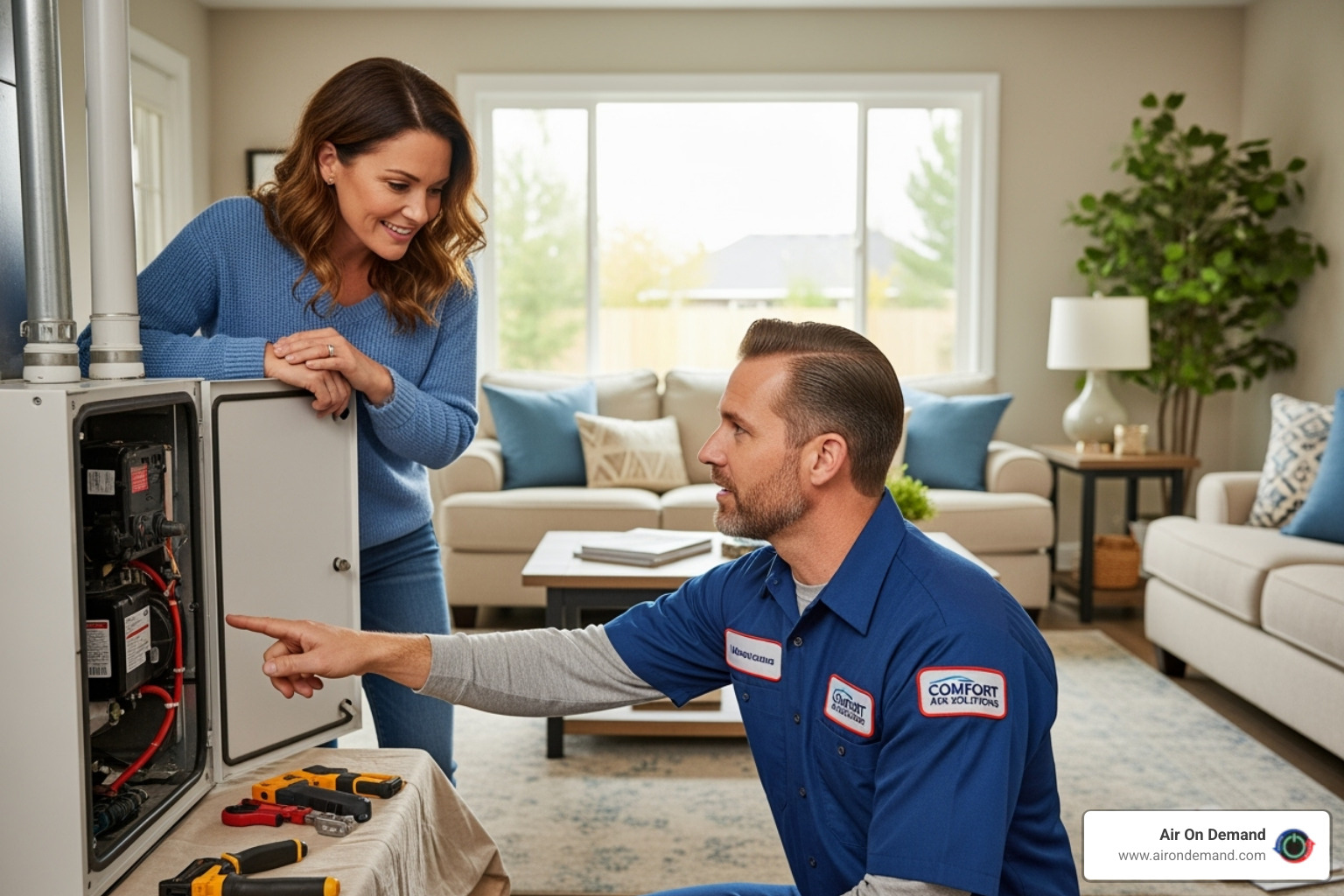 friendly technician explaining a repair to a homeowner - heating repair lakes by the bay, fl friendly technician explaining a repair to a homeowner - heating repair lakes by the bay, fl