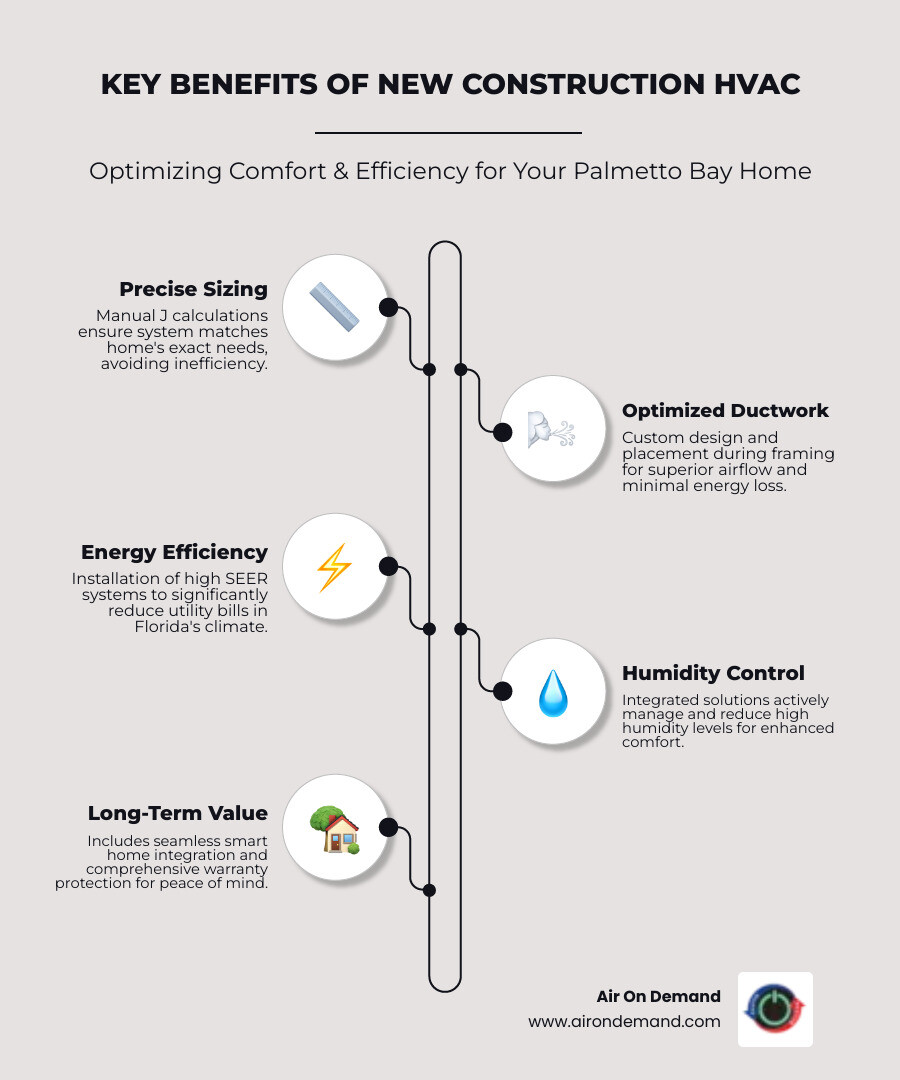 infographic showing the key benefits of professional new construction HVAC installation including proper system sizing, optimized ductwork placement, energy efficiency, humidity control, smart home integration, and long-term warranty protection - hvac installation new construction palmetto bay, fl infographic infographic-line-5-steps-elegant_beige