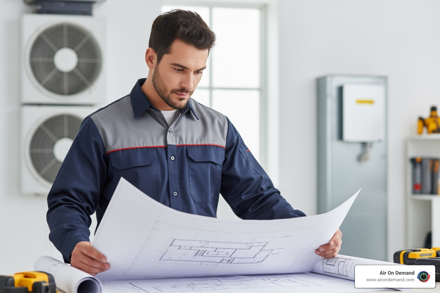 HVAC technician reviewing blueprints - hvac installation new construction palmetto bay, fl