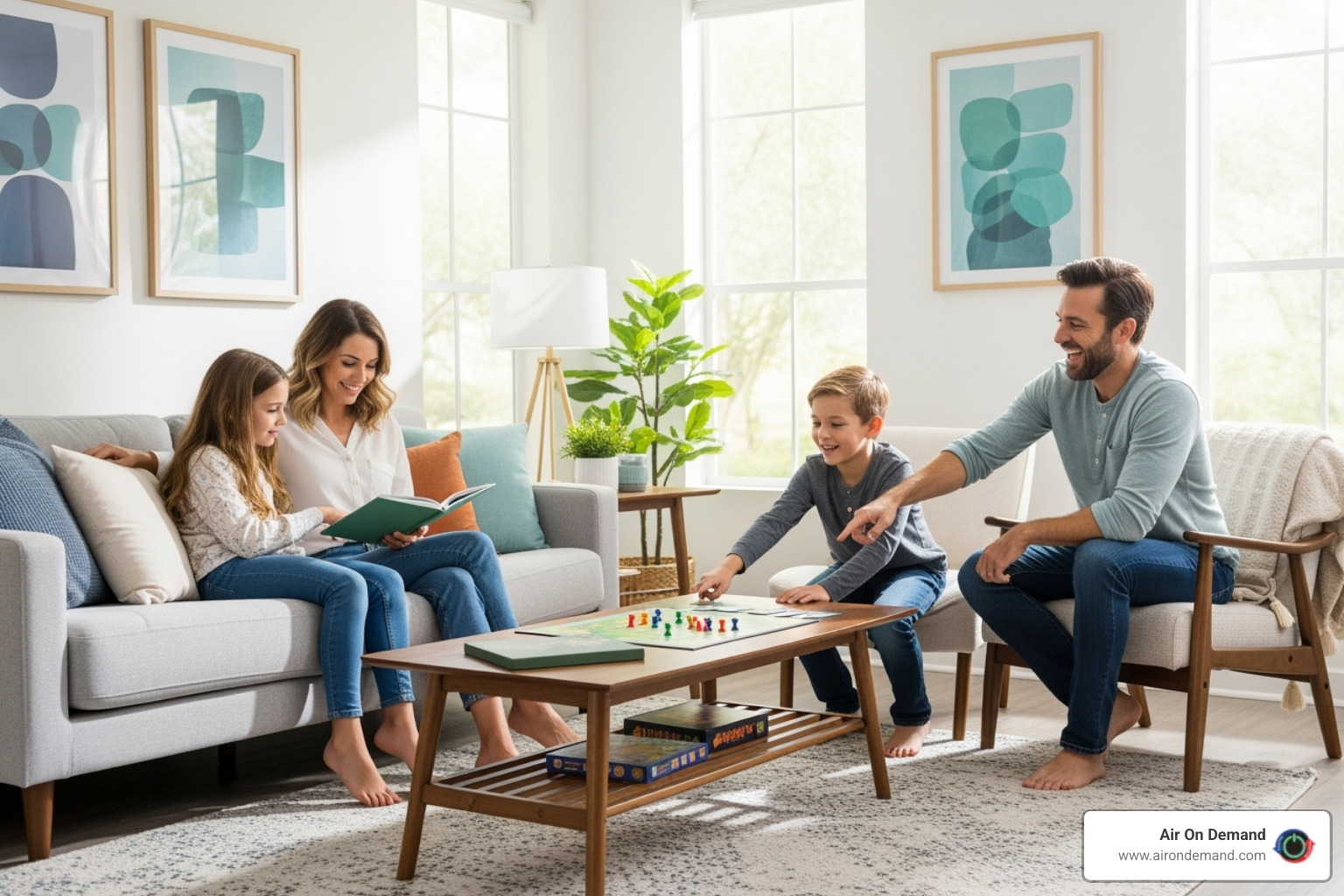 happy family in comfortable living room - hvac installation new construction palmetto bay, fl