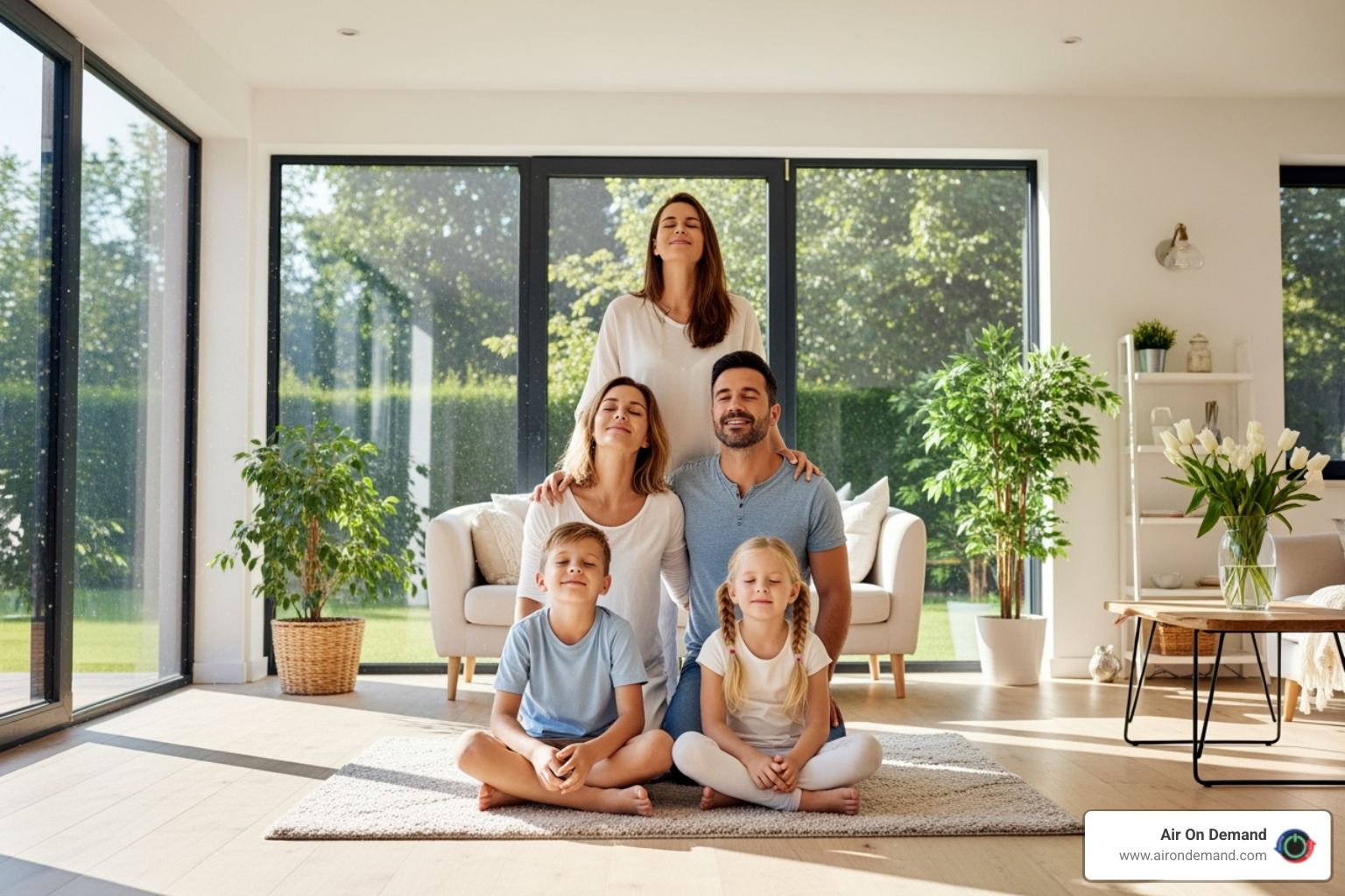 A family enjoying fresh, clean air inside their home, with bright sunlight streaming in - duct cleaning kendall, fl