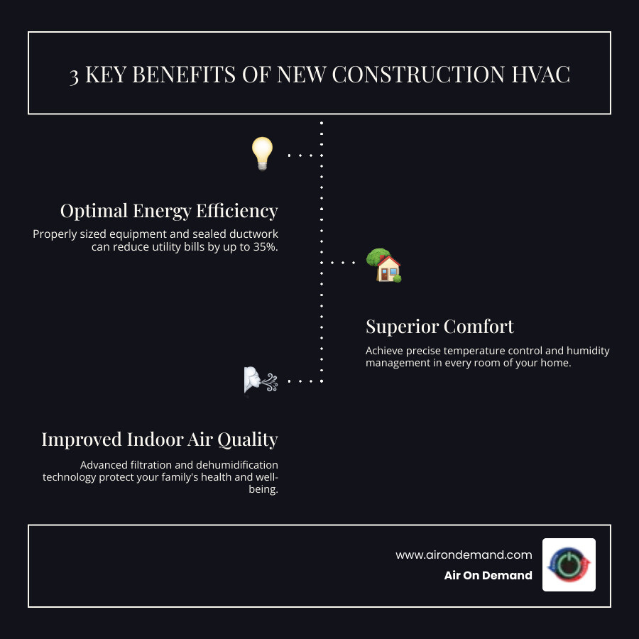 infographic showing three main benefits of professional new construction HVAC: 1) Optimal Energy Efficiency with properly sized equipment and sealed ductwork reducing utility bills by up to 35%, 2) Superior Comfort through precise temperature control and humidity management in every room, 3) Improved Indoor Air Quality with advanced filtration and dehumidification technology protecting your family's health - hvac installation new construction pinecrest, fl infographic infographic-line-3-steps-dark