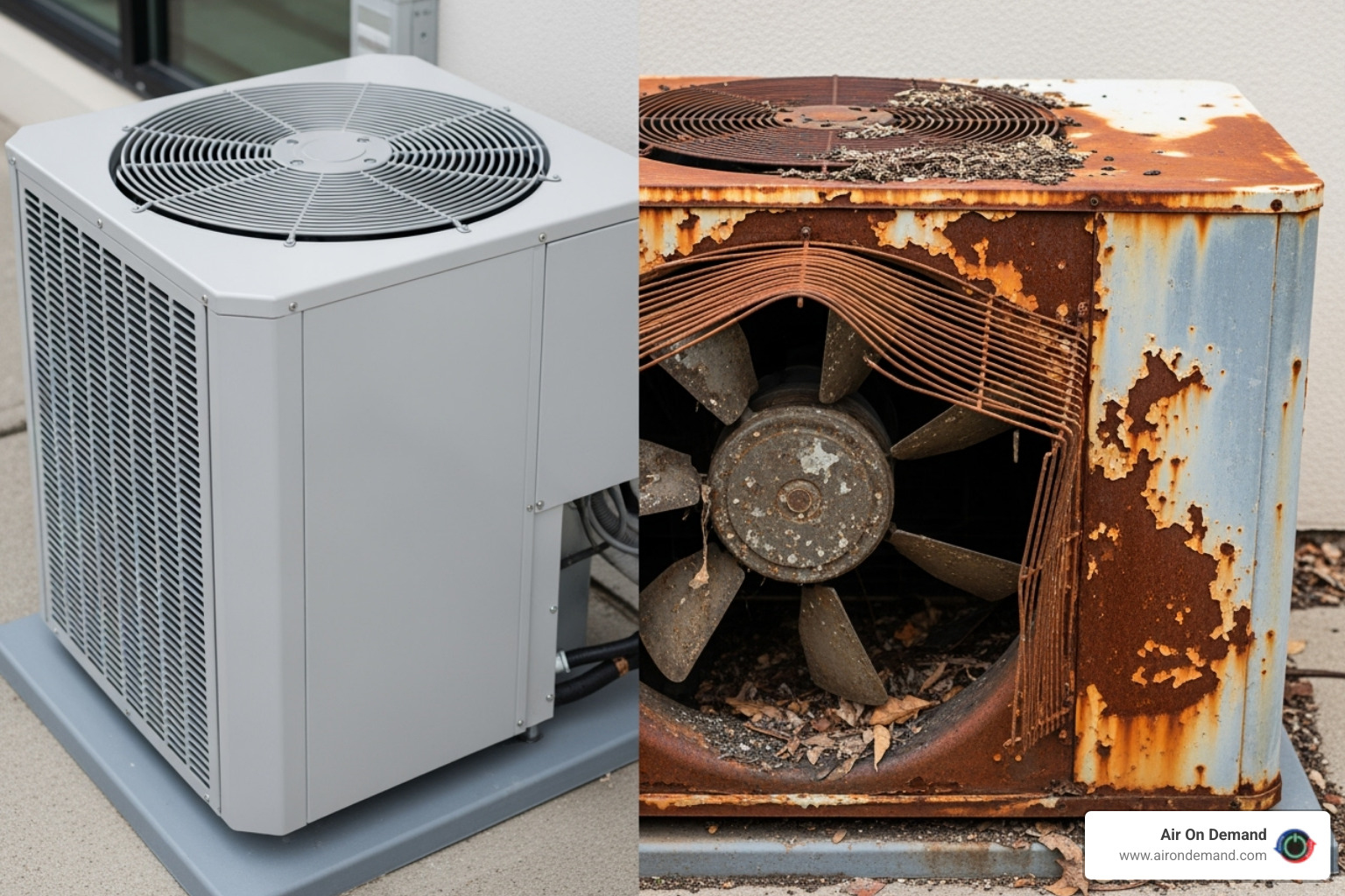 A split image contrasting a clean, new HVAC unit on one side with an old, rusty, and dirty unit on the other, highlighting the difference in appearance and likely performance - hvac installation miami A split image contrasting a clean, new HVAC unit on one side with an old, rusty, and dirty unit on the other, highlighting the difference in appearance and likely performance - hvac installation miami