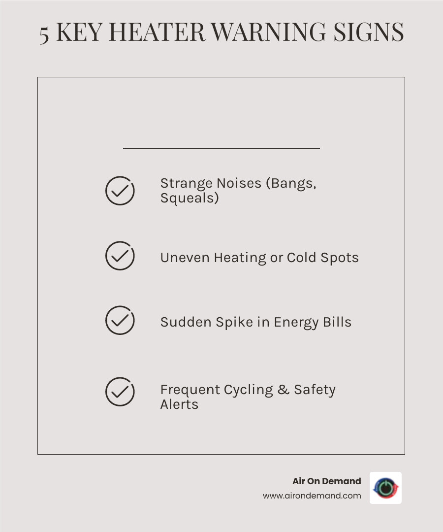 Infographic showing 5 warning signs your heating system needs repair: 1. Strange noises like banging or squealing from the unit, 2. Uneven heating or cold spots throughout your home, 3. Sudden spikes in your energy bills without increased usage, 4. Frequent on-off cycling or short cycling of the system, 5. Yellow pilot light or unusual odors indicating potential safety issues - heating repair pinecrest, fl infographic checklist-light-beige